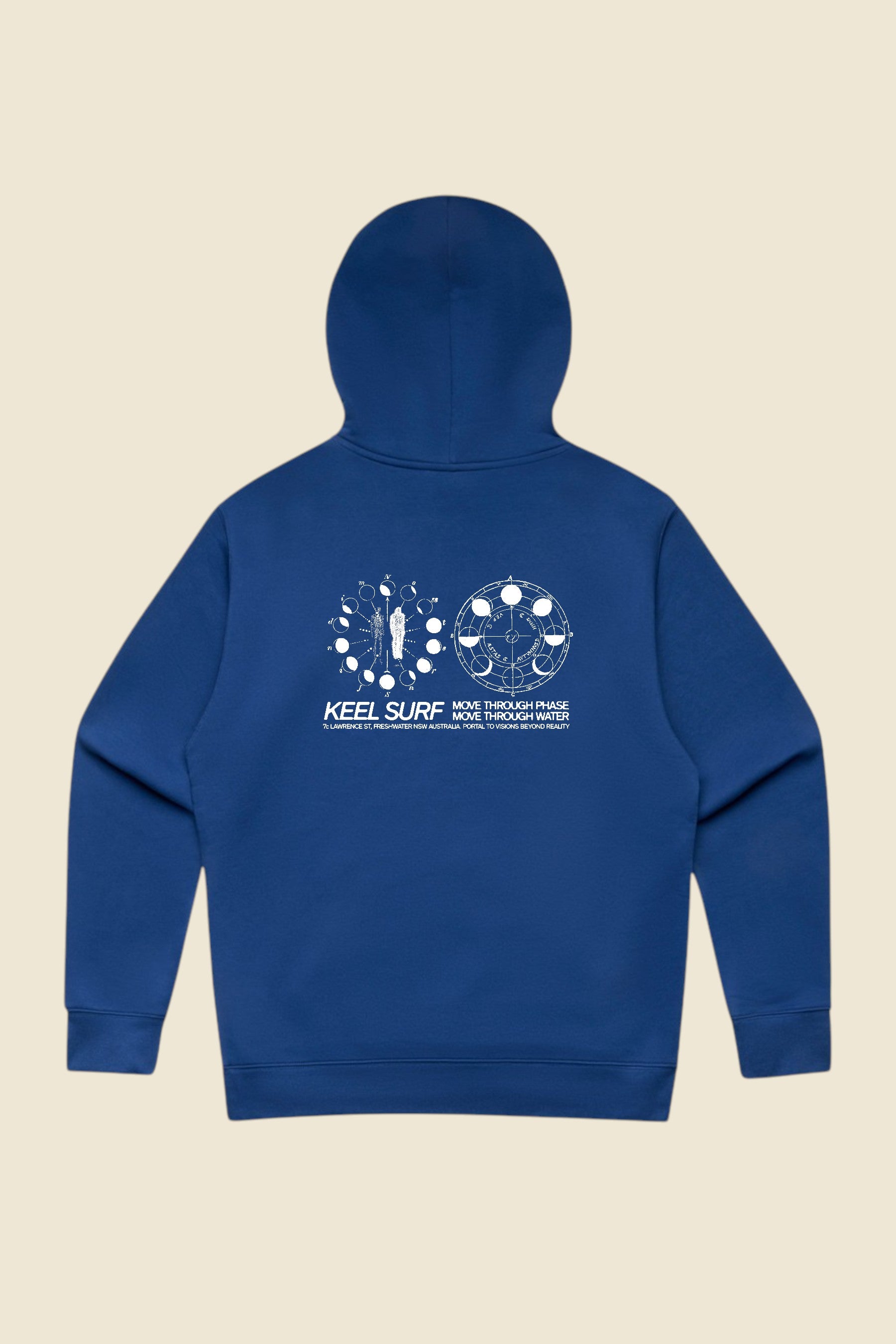 Keel Surf & Supply blue moon heavyweight cotton blend pullover hoodie with dropped shoulders and ribbed cuffs.