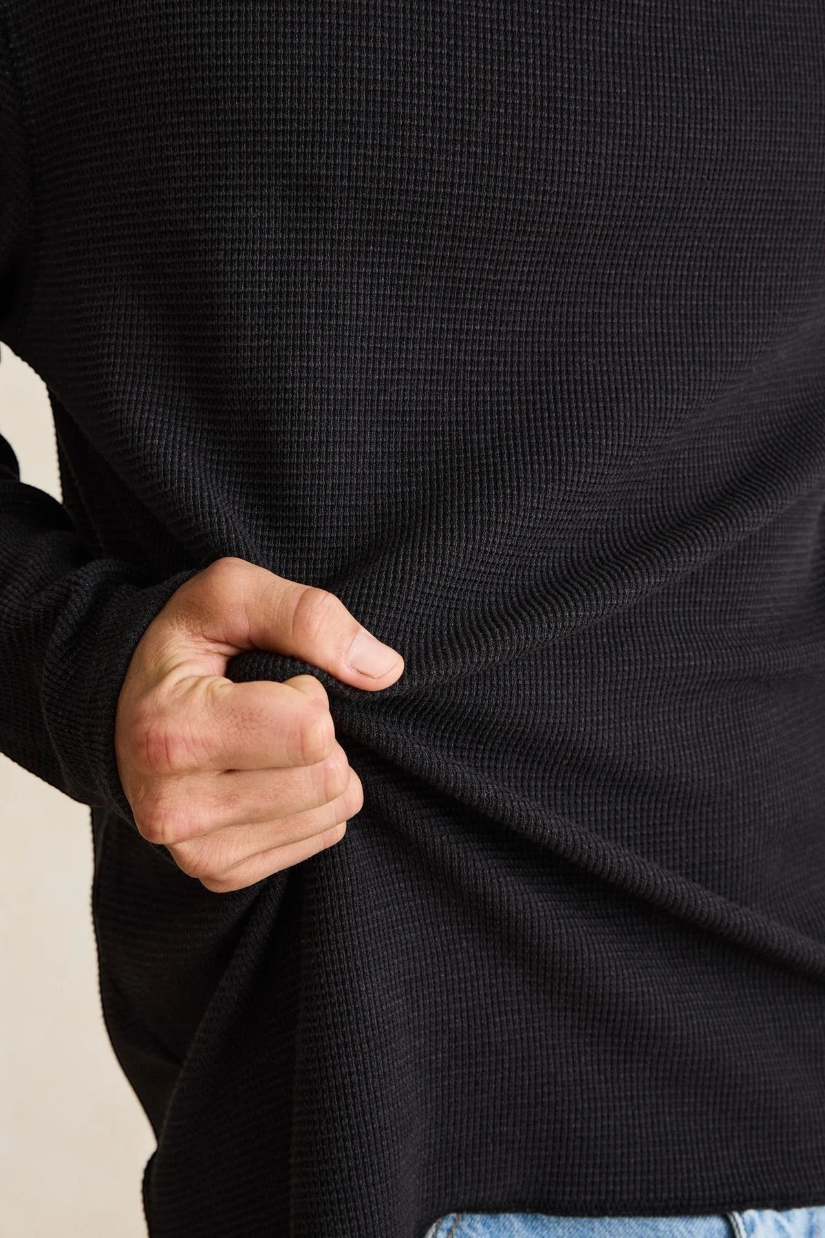 Keel Surf & Supply black waffle knit long sleeve shirt, mid-weight cotton blend, perfect for layering.