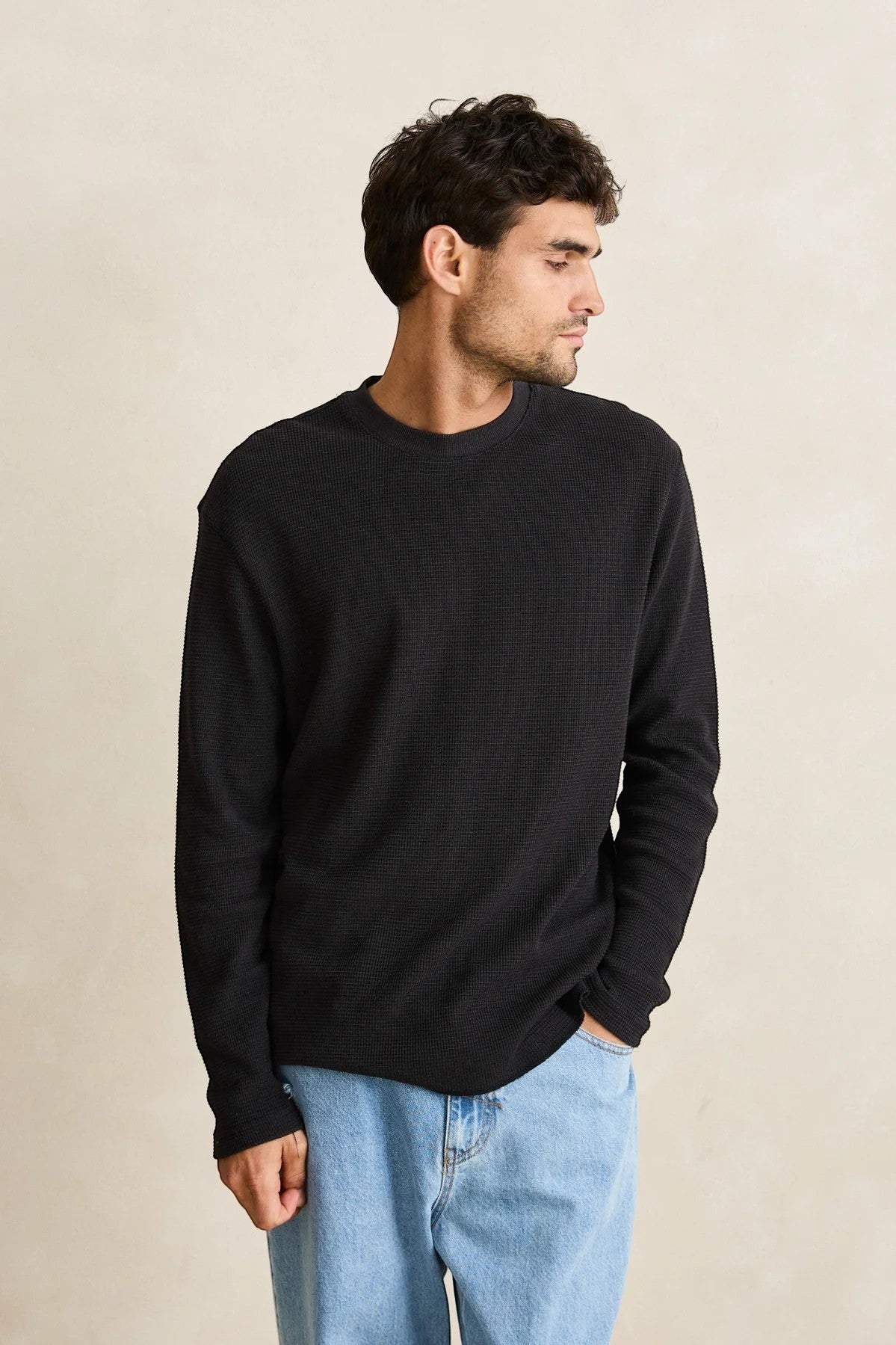 Keel Surf & Supply men's black waffle knit long sleeve shirt, cotton blend, crew neck, relaxed fit.