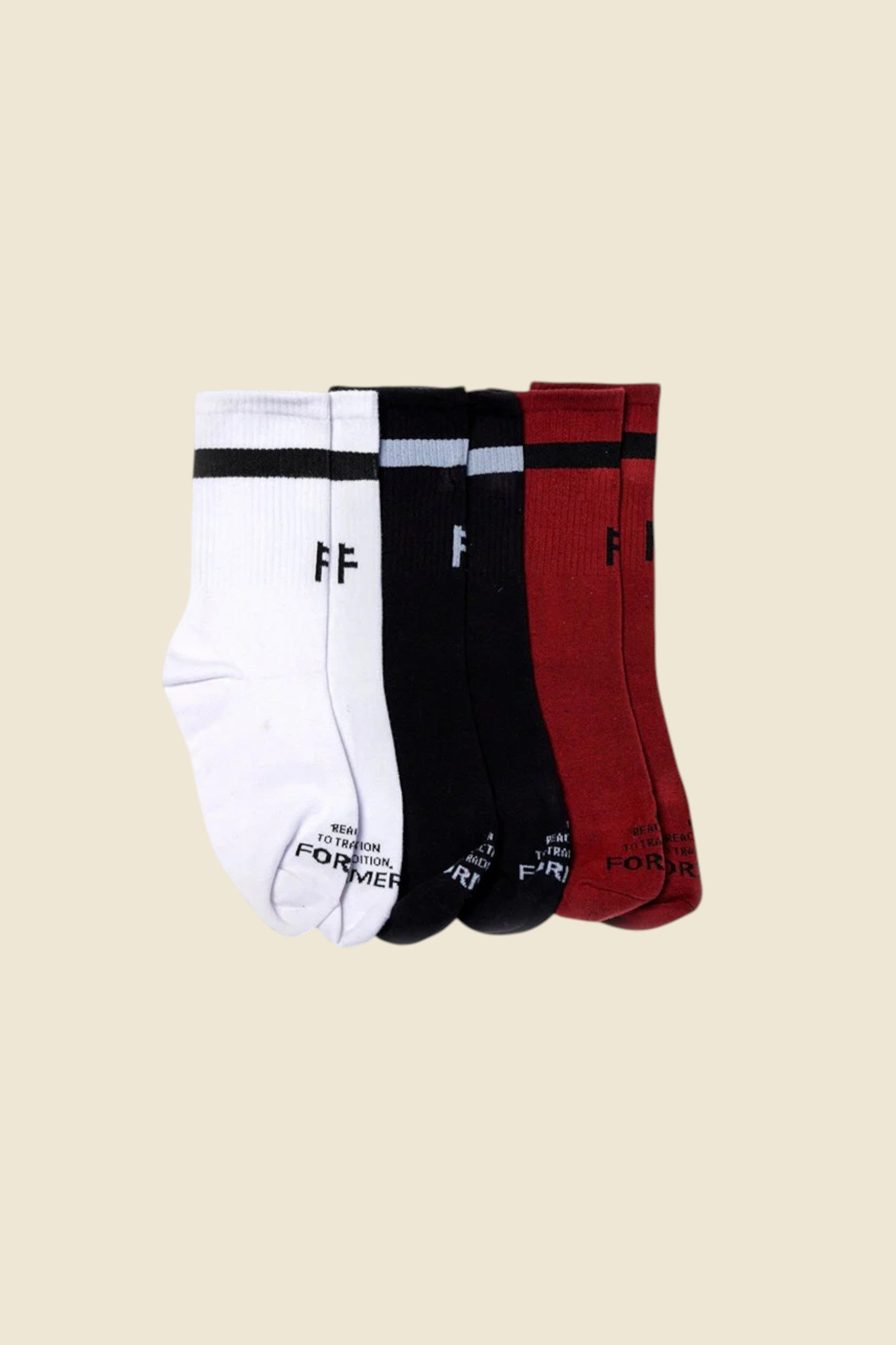 Keel Surf & Supply Franchise 3-pack crew socks in white, black, and red with striped cuffs and FF logo.