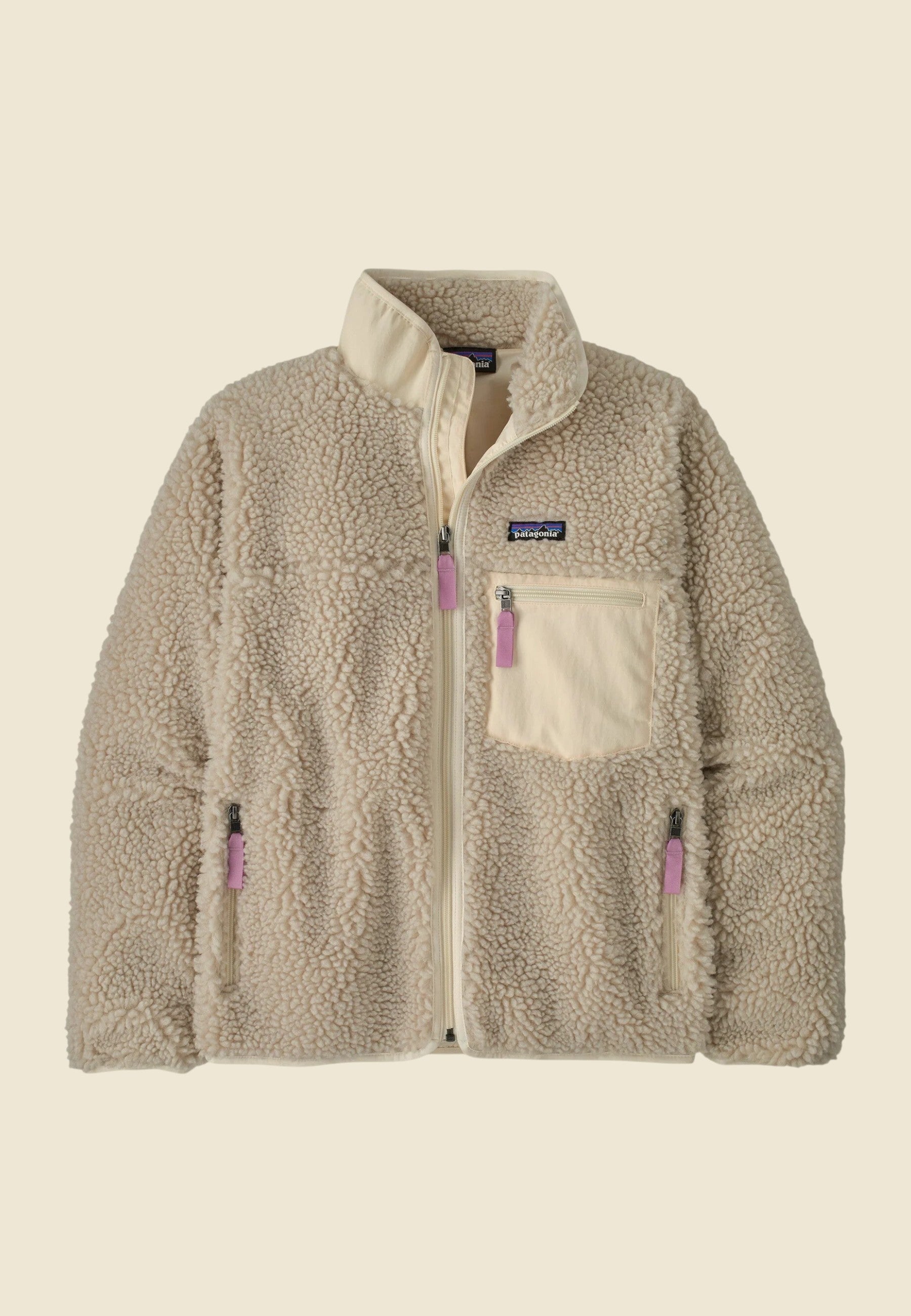 Keel Surf & Supply Women's Classic Retro-X Jacket in natural fleece with cream trim and light violet zipper pulls.