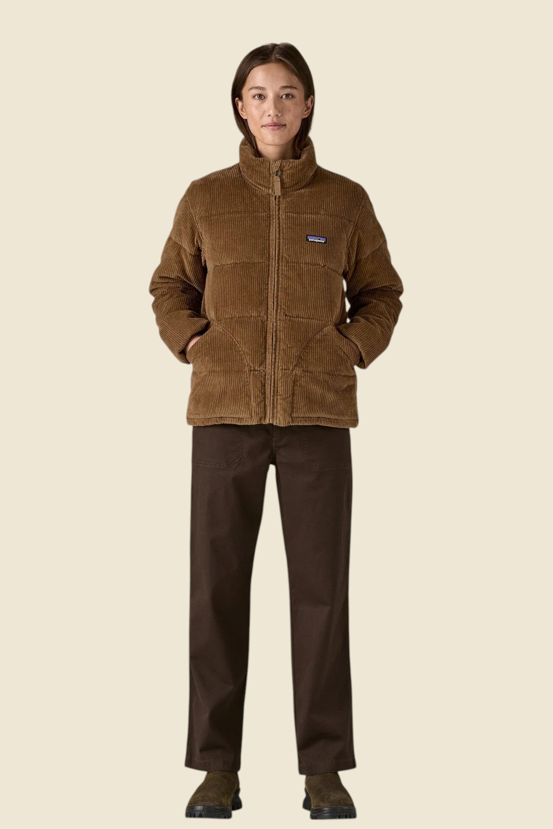 Keel Surf & Supply Women's Fjord Cord Jacket in deer brown. Puffer style with corduroy fabric and zip closure.