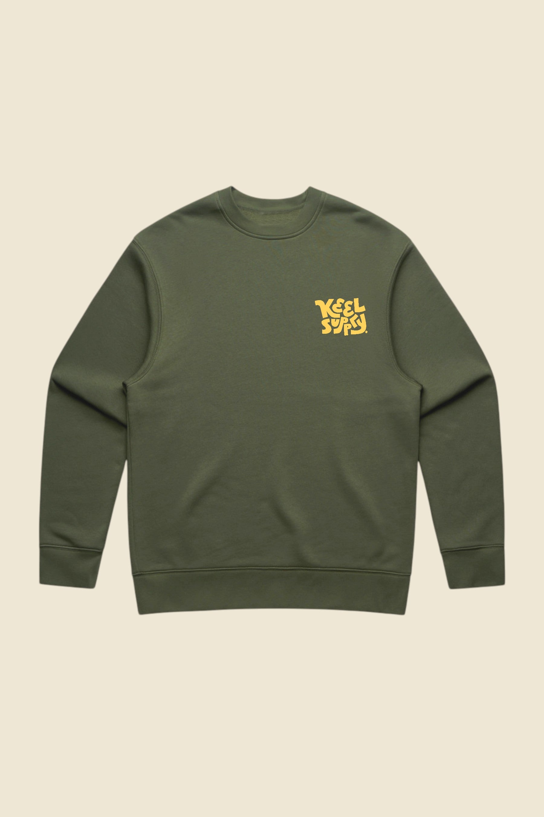 Keel Surf & Supply army green cotton fleece crewneck sweatshirt with yellow logo on chest. Relaxed fit, crew neck.