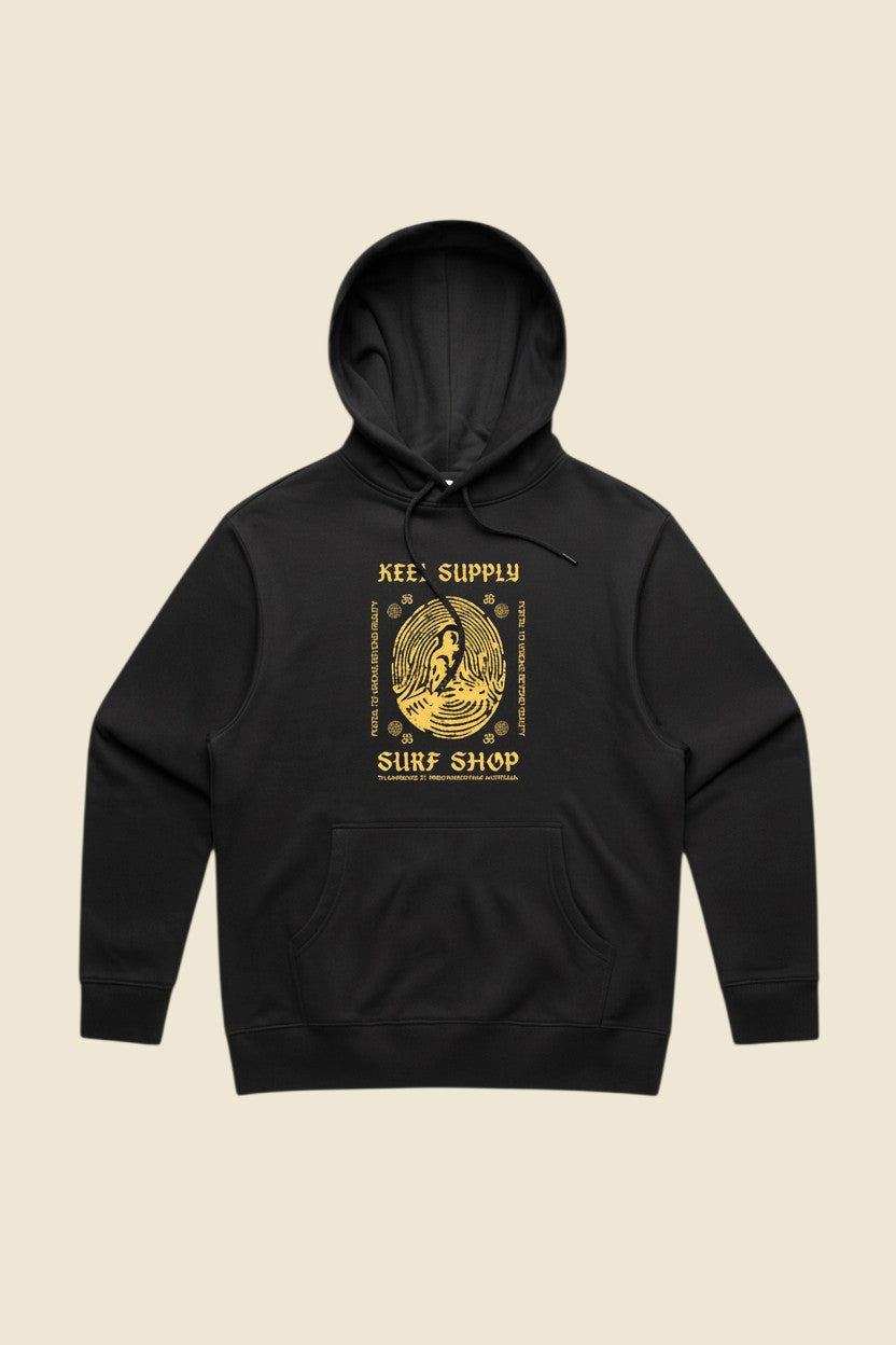 Keel Surf & Supply black cotton blend hoodie with gold meditation graphic and text.
