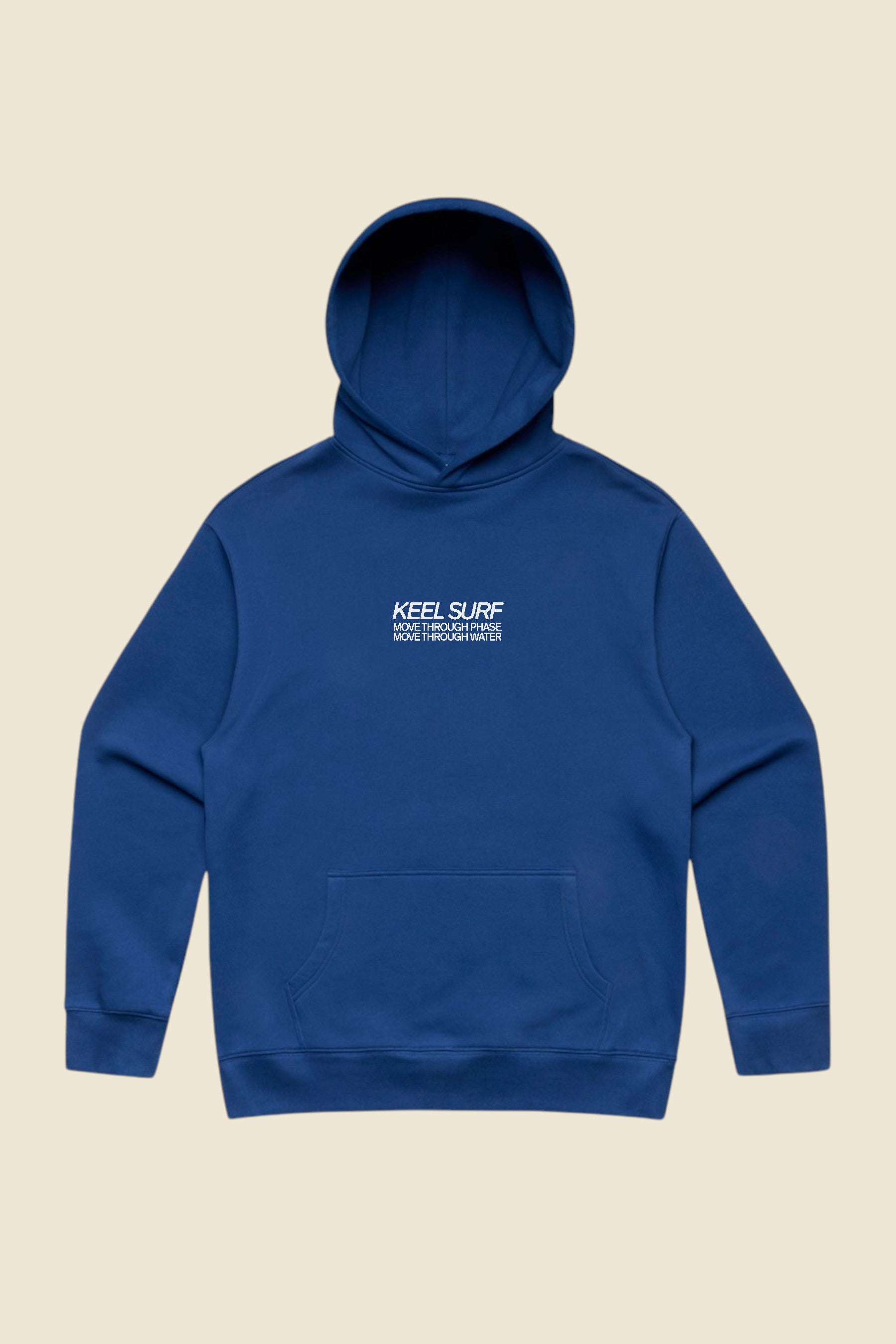 Keel Surf & Supply Move Through Water Hood in blue moon, featuring a relaxed oversized fit, dropped shoulders, and kangaroo pocket. Made from 80% cotton, 20% polyester fleece.