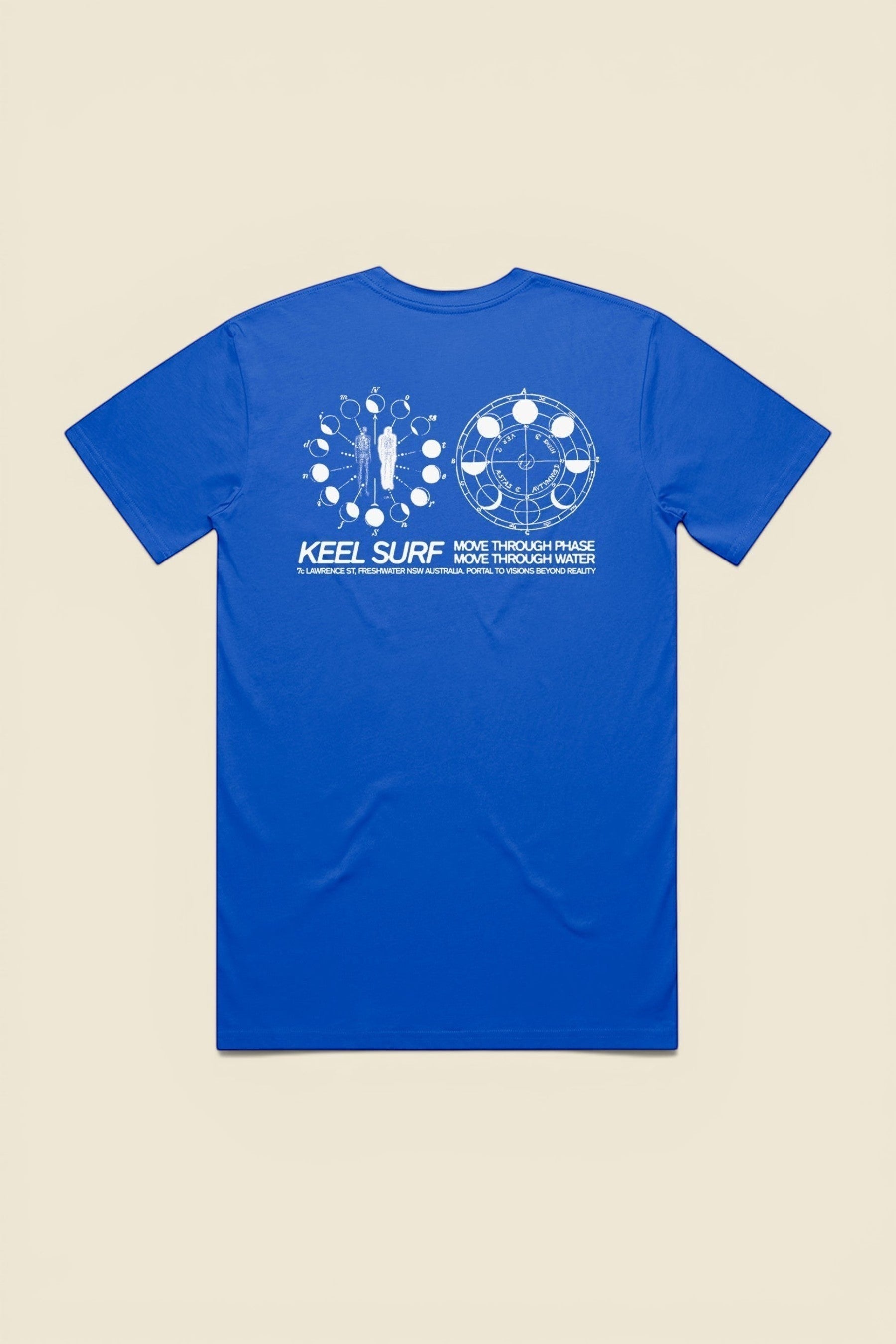 Keel Surf & Supply royal blue cotton t-shirt with white graphic print of moon phases and a figure.