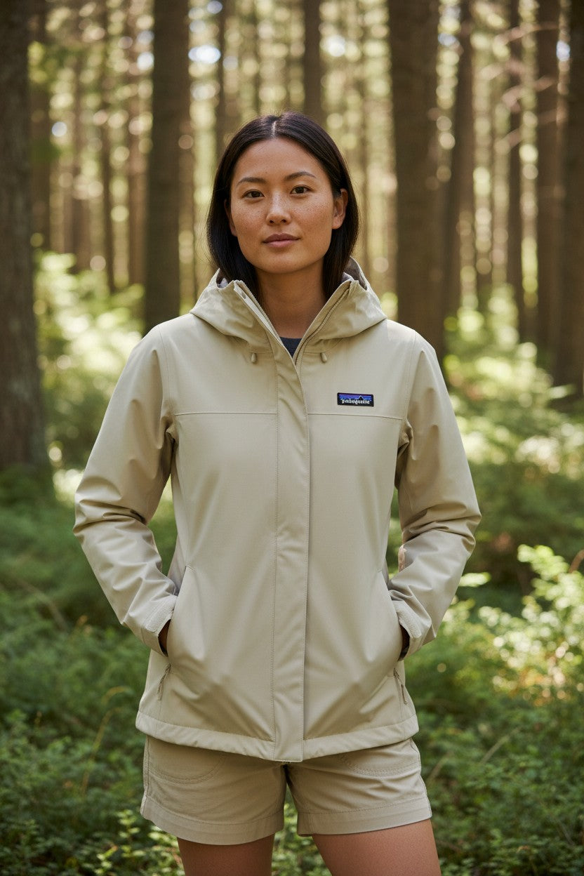 Keel Surf & Supply women's beige 3-layer waterproof rain jacket with hood and durable water-repellent finish.