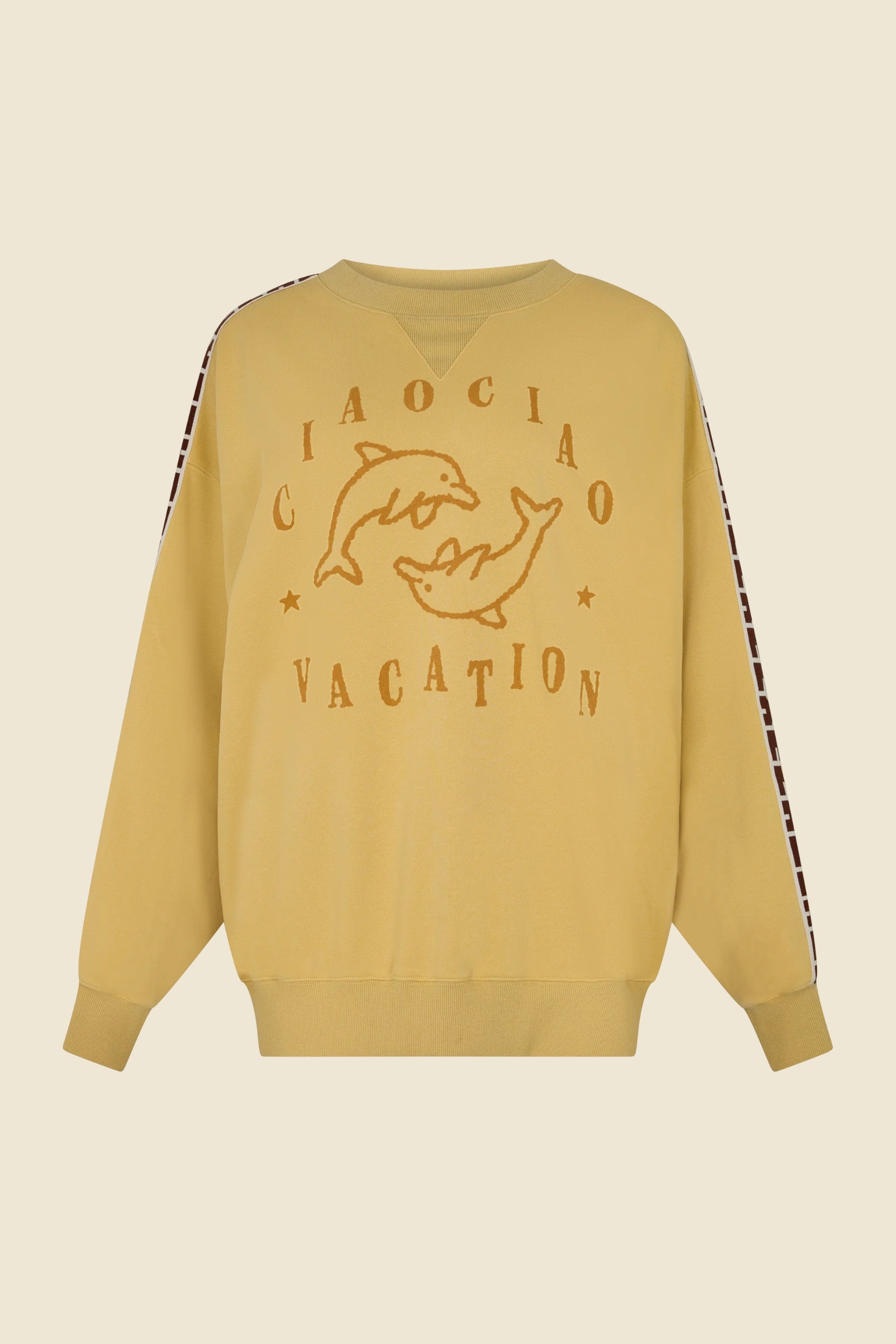 Keel Surf & Supply yellow cotton fleece crewneck sweater with vintage dolphin graphic and contrast sleeve detail.