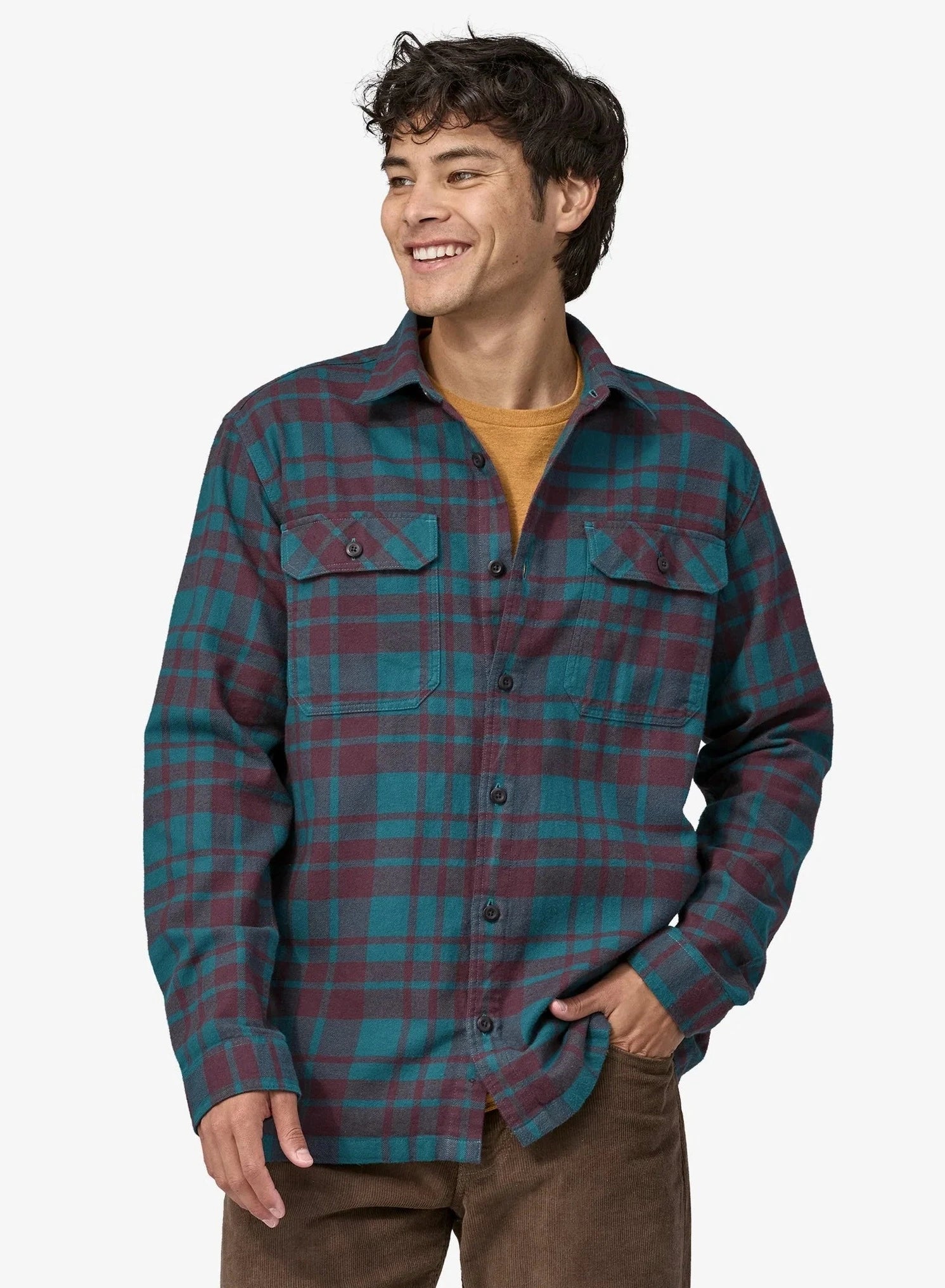 Patagonia Men's Long-Sleeved Organic Cotton Midweight Fjord Flannel Shirt - Ice Caps - Belay Blue