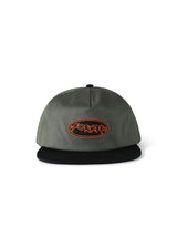 Gray and black cap with orange logo on a white background