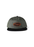 Gray and black cap with orange logo on a white background