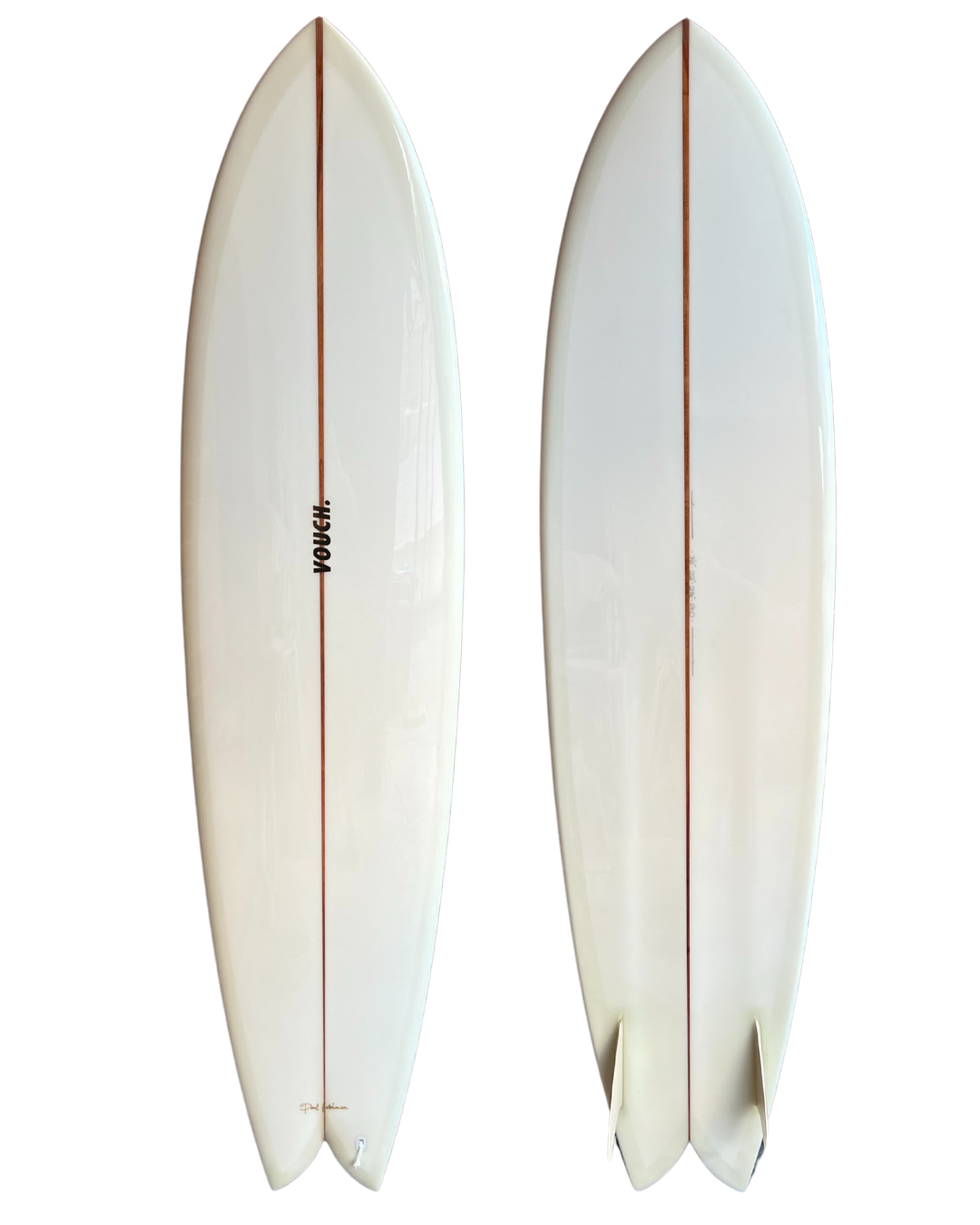 Vouch 7'6" Mid Vish - Volan with champagne tint deck and bottom, white glass on keels, polish