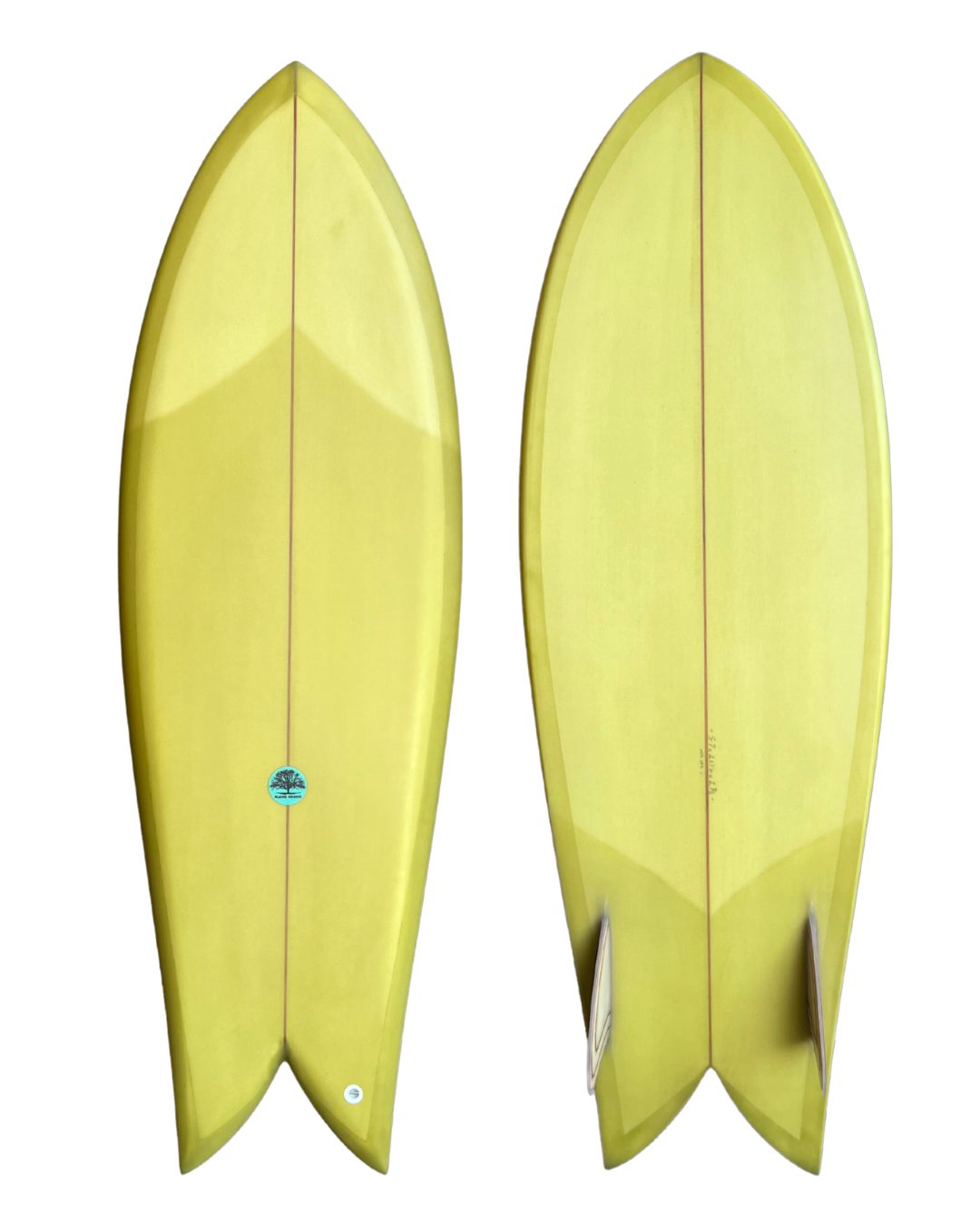 Mick Mackie 5’7 Original Sidecut Fish olive green tint glass on
wood keels.