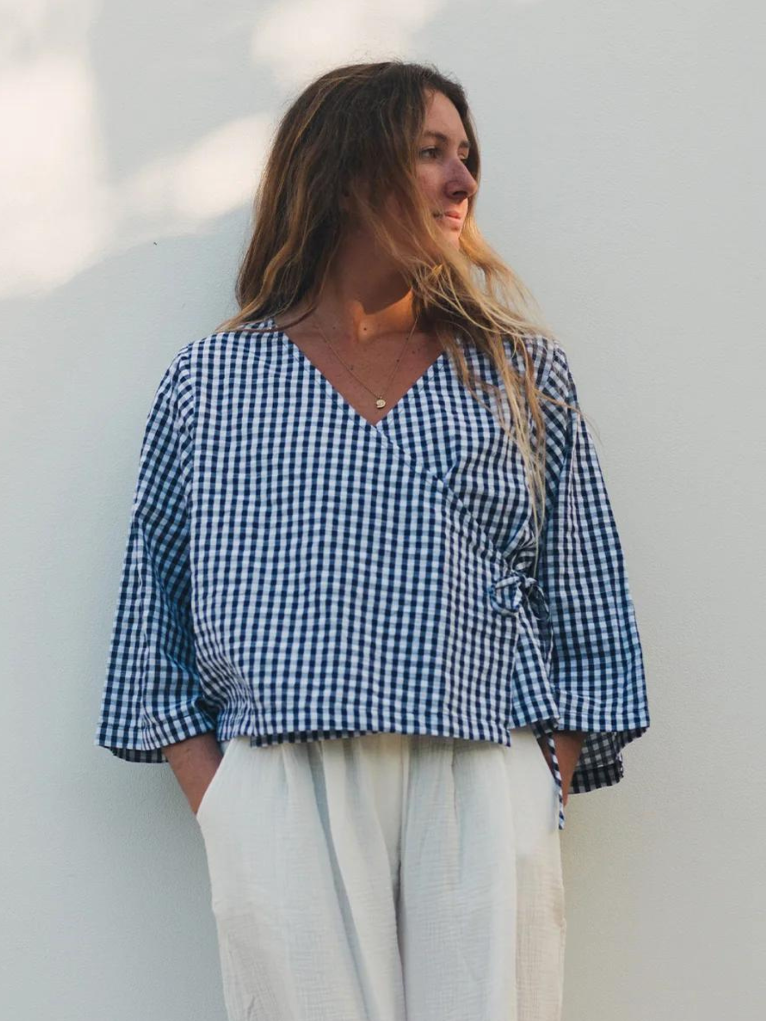 The Bare Road Mia Wrap Top Navy Gingham