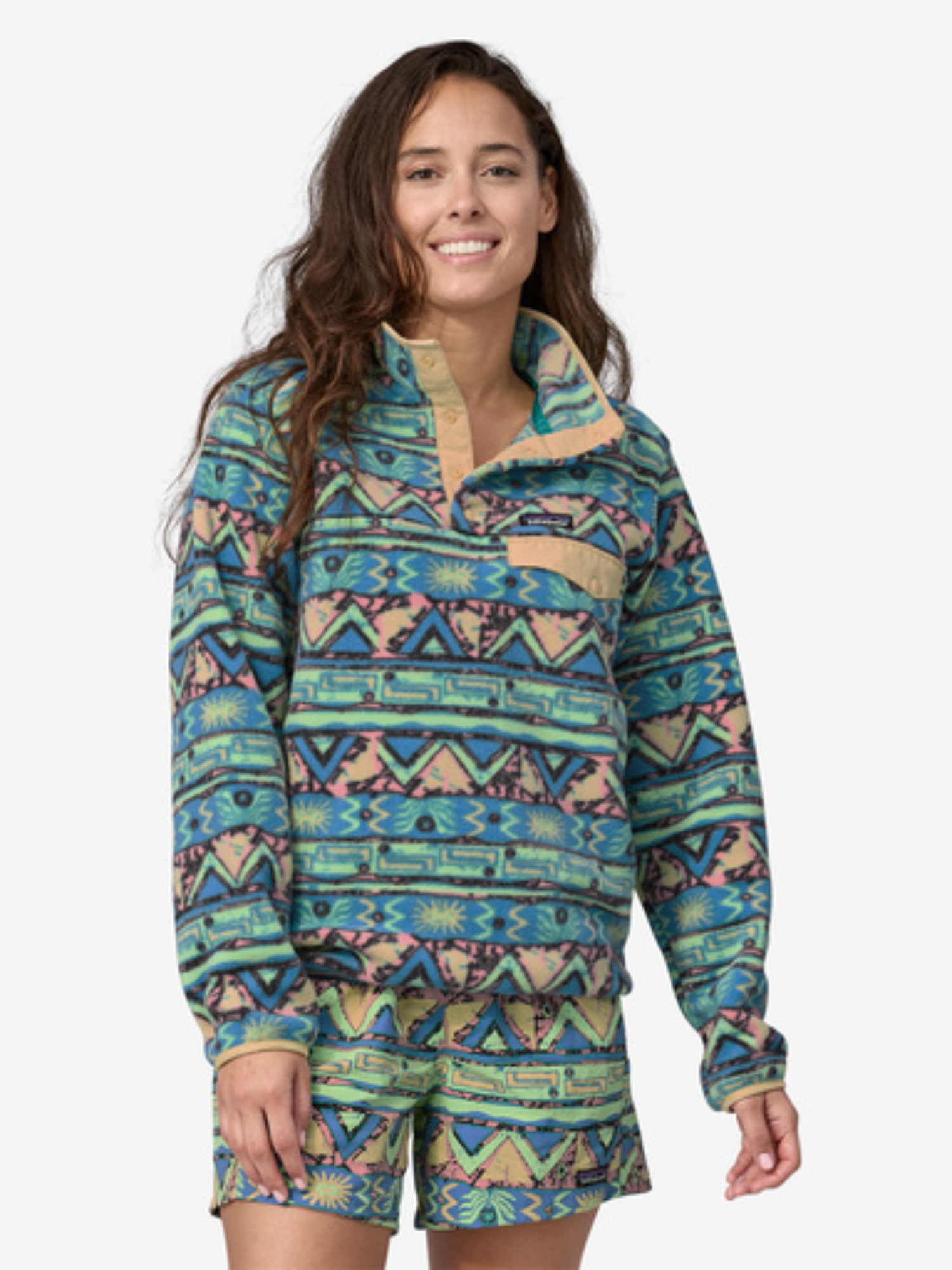 Patagonia Women's Lightweight Synchilla® Snap-T® Fleece Pullover - High Hopes Geo - Salamander Green