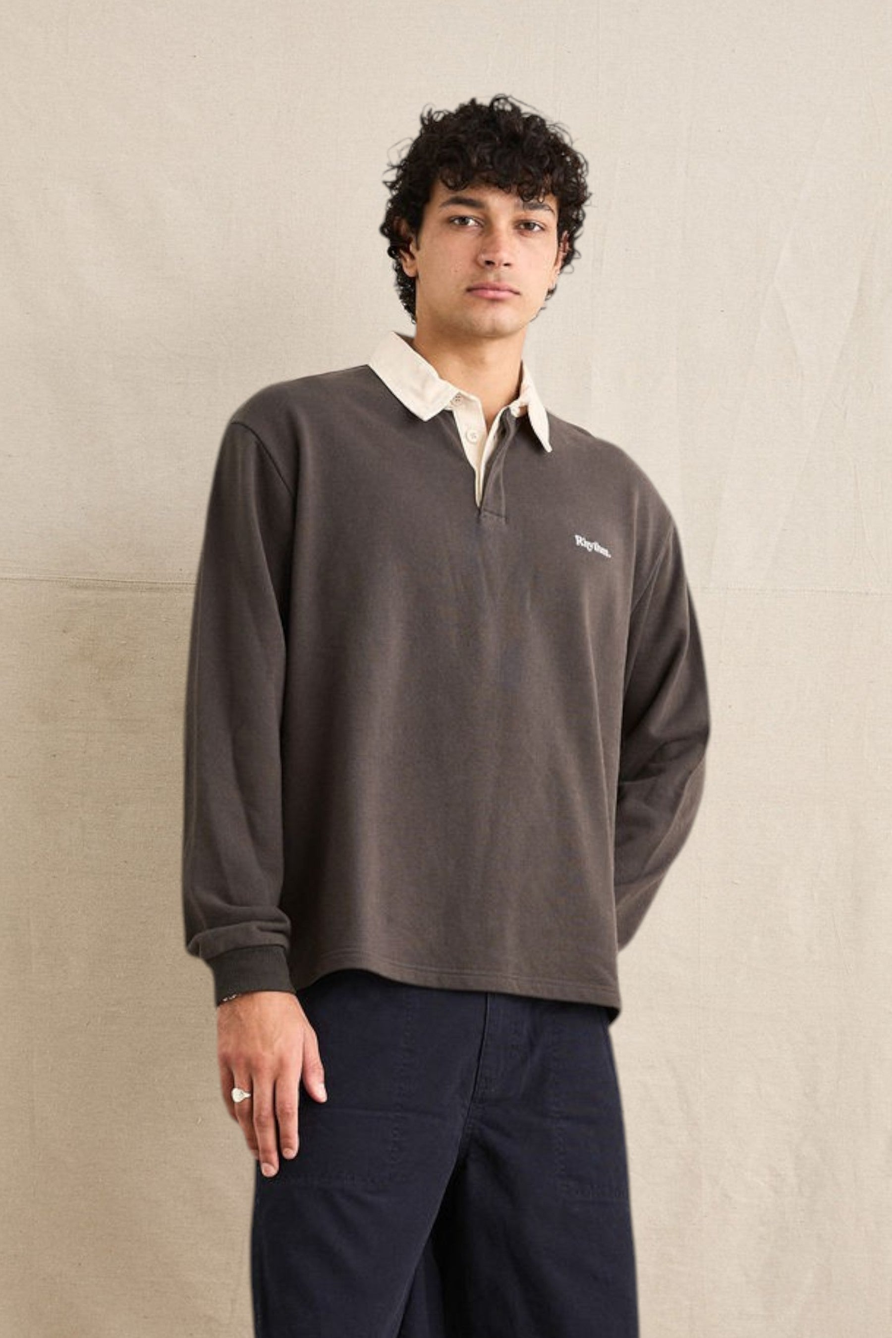 Keel Surf & Supply Koa Vintage Rugby LS Polo in dark grey 100% cotton with contrast collar and rubber buttons.
