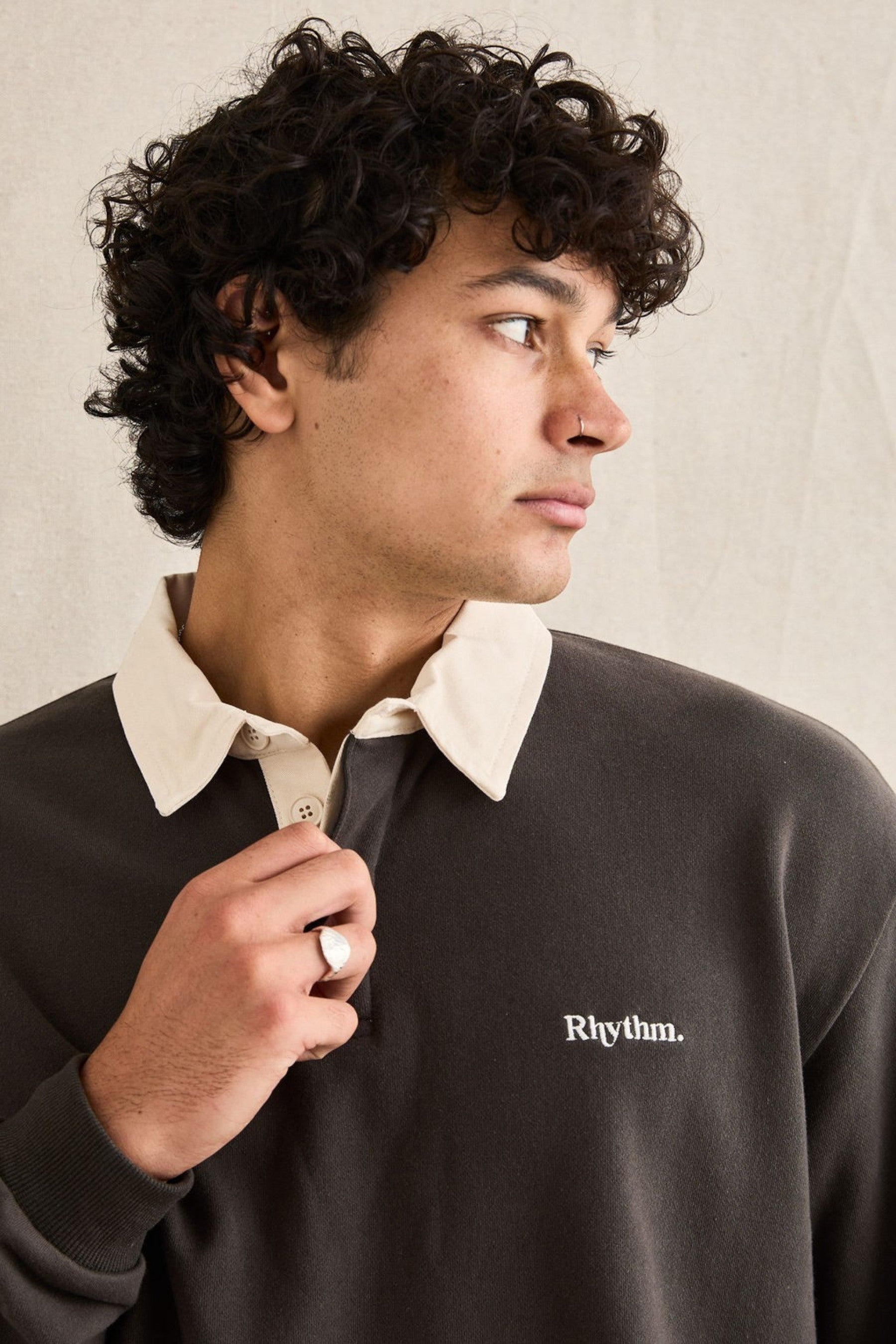 Keel Surf & Supply Koa Vintage Rugby Polo in olive cotton with contrast collar and rubber buttons.