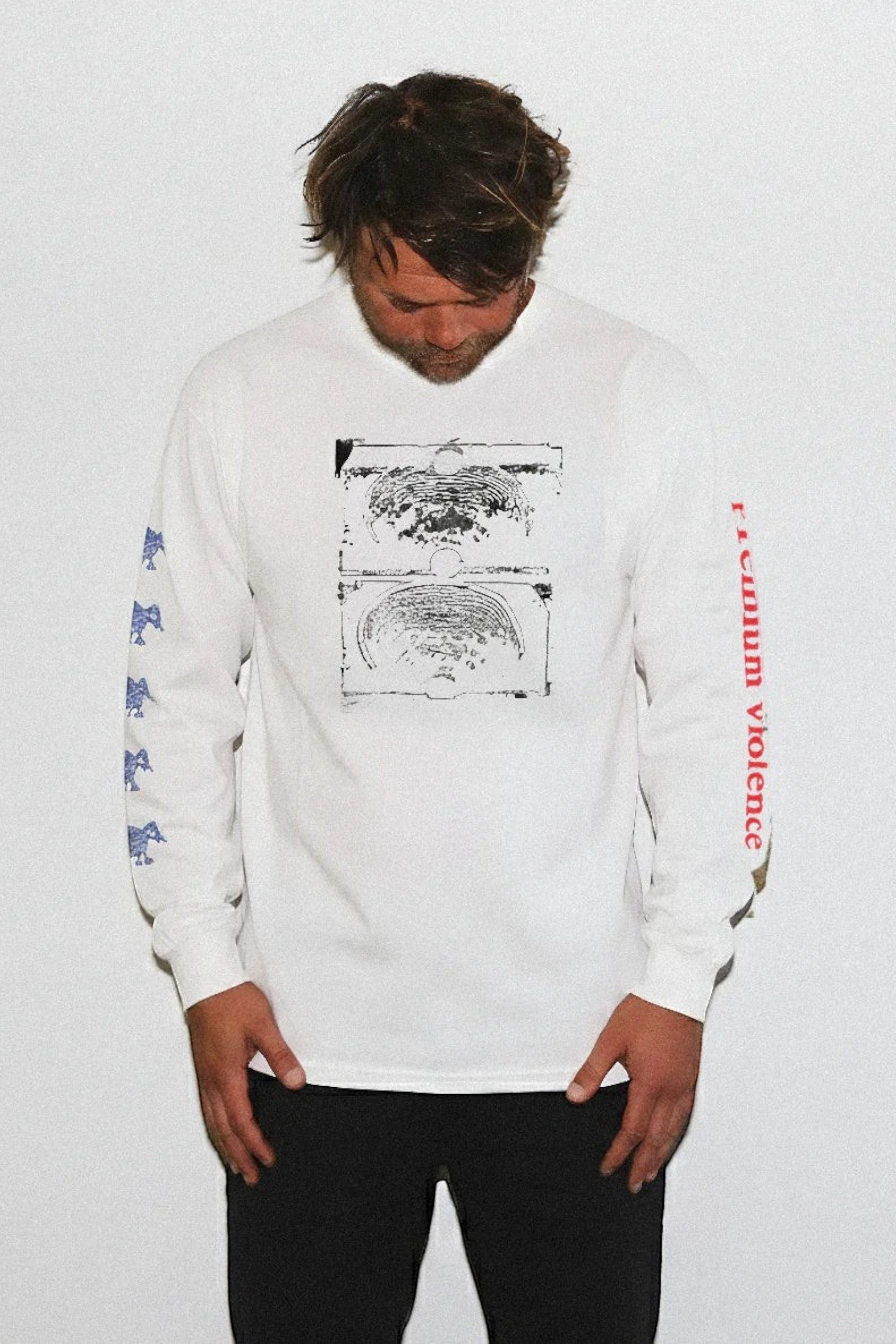 Keel Surf & Supply white 200GSM cotton long sleeve t-shirt with graphic print on front and sleeves.