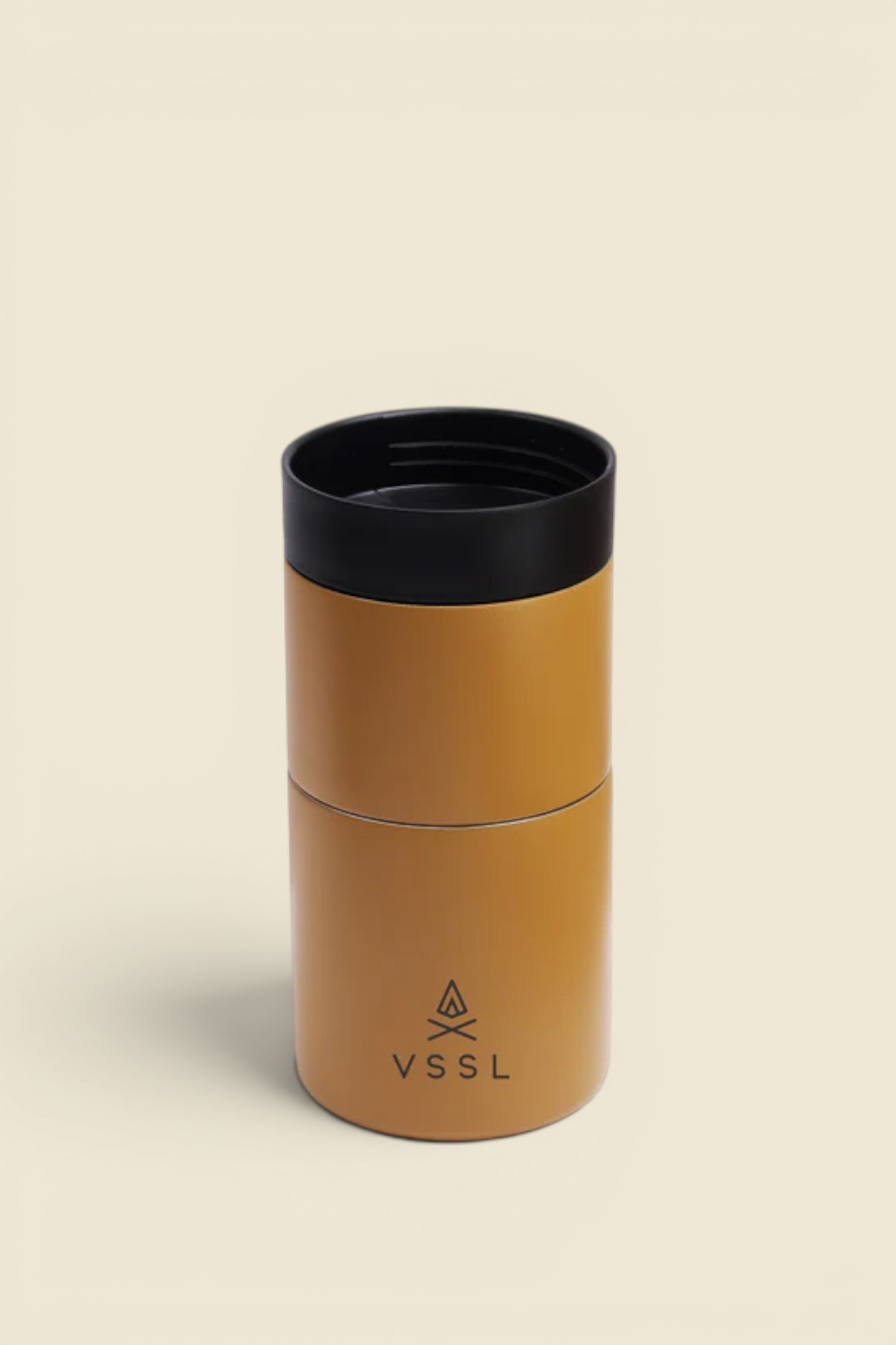 Keel Surf & Supply Nest Pour Over Coffee Set in Sahara, double-walled stainless steel mug with black lid and VSSL logo.
