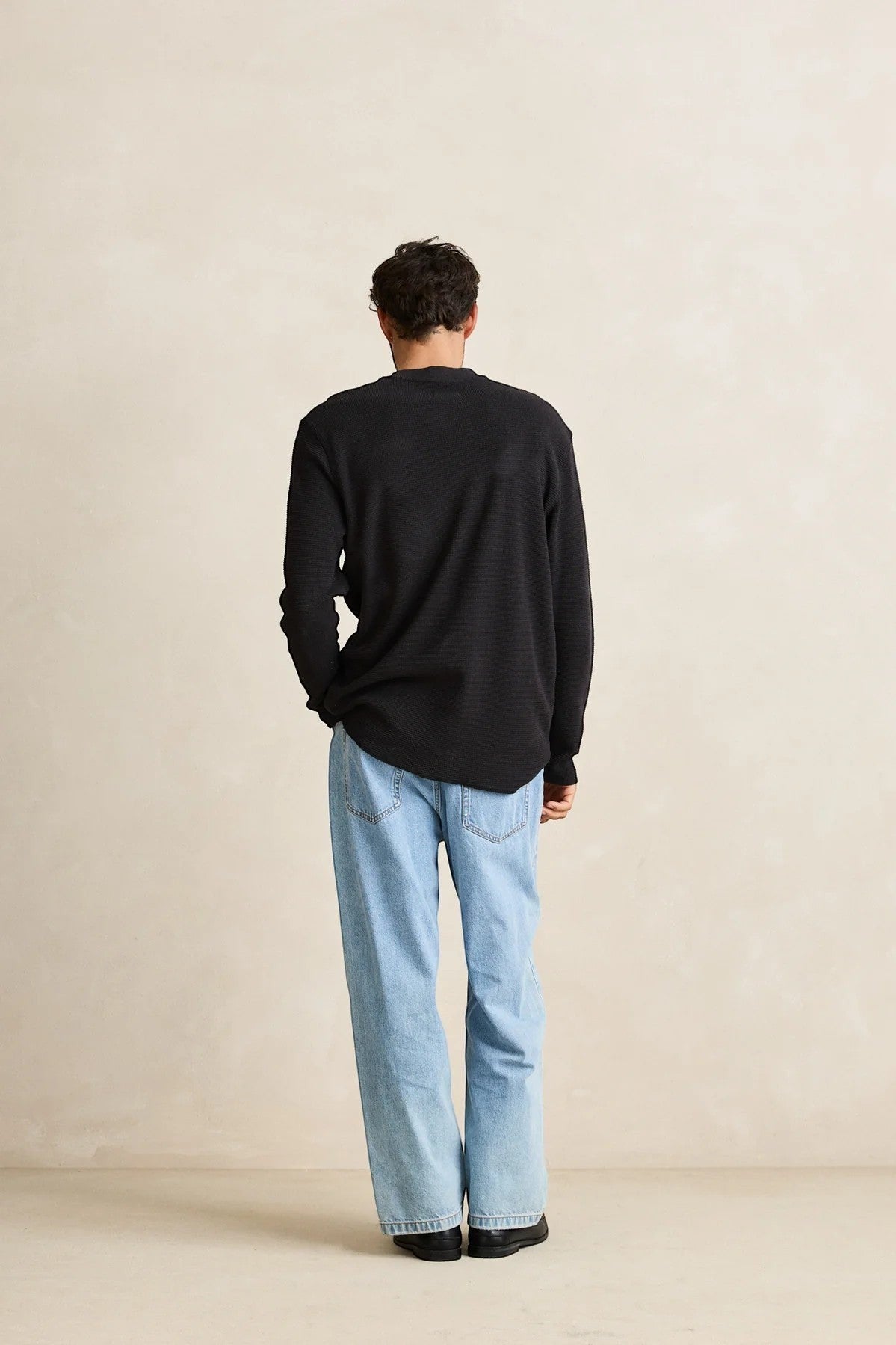 Keel Surf & Supply men's vintage black waffle knit cotton blend sweater, long sleeves, crew neck, relaxed fit.
