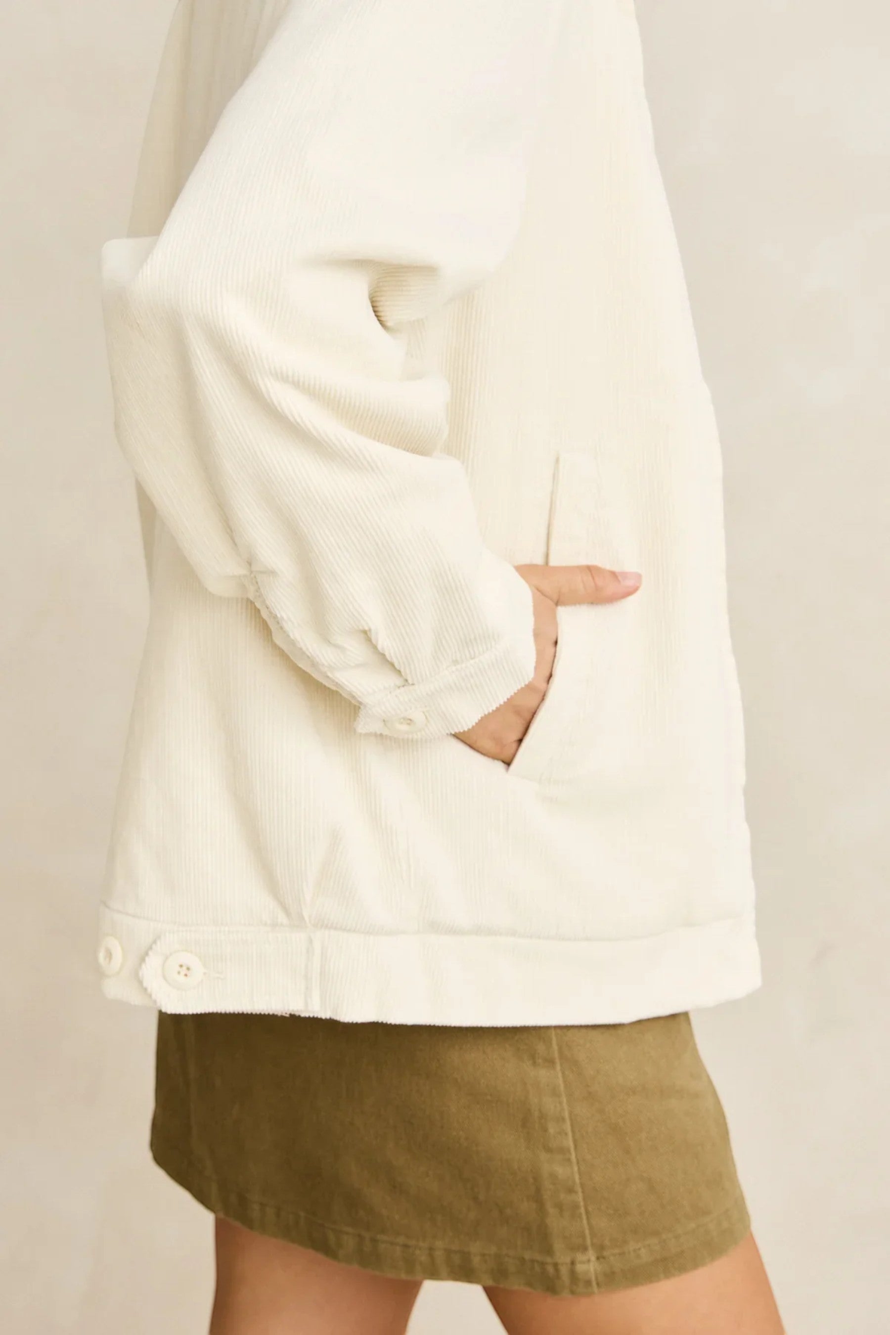 Keel Surf & Supply cream corduroy Jamie jacket with button details and pockets.