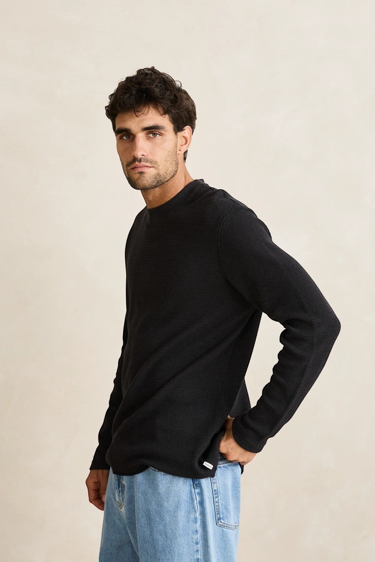 Keel Surf & Supply men's vintage black waffle knit long sleeve cotton blend shirt.