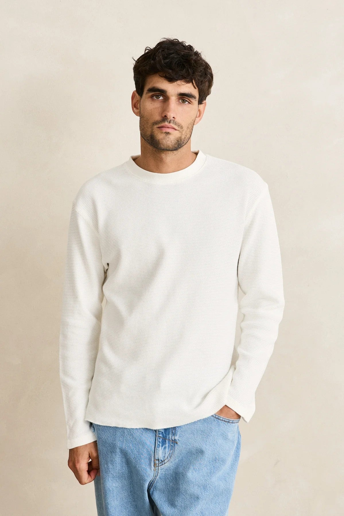 Keel Surf & Supply men's vintage white cotton blend waffle knit long sleeve shirt.