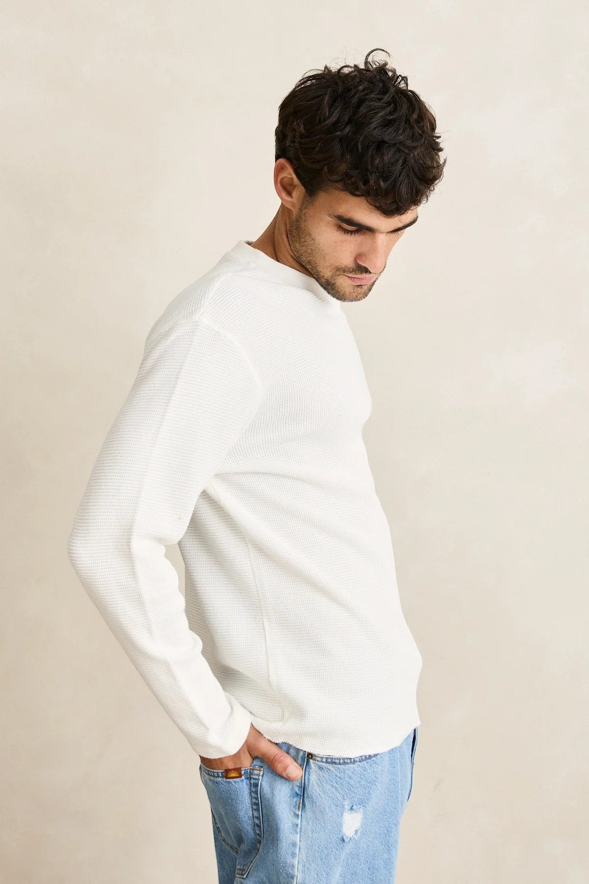 Keel Surf & Supply men's vintage white cotton blend waffle knit long sleeve shirt.