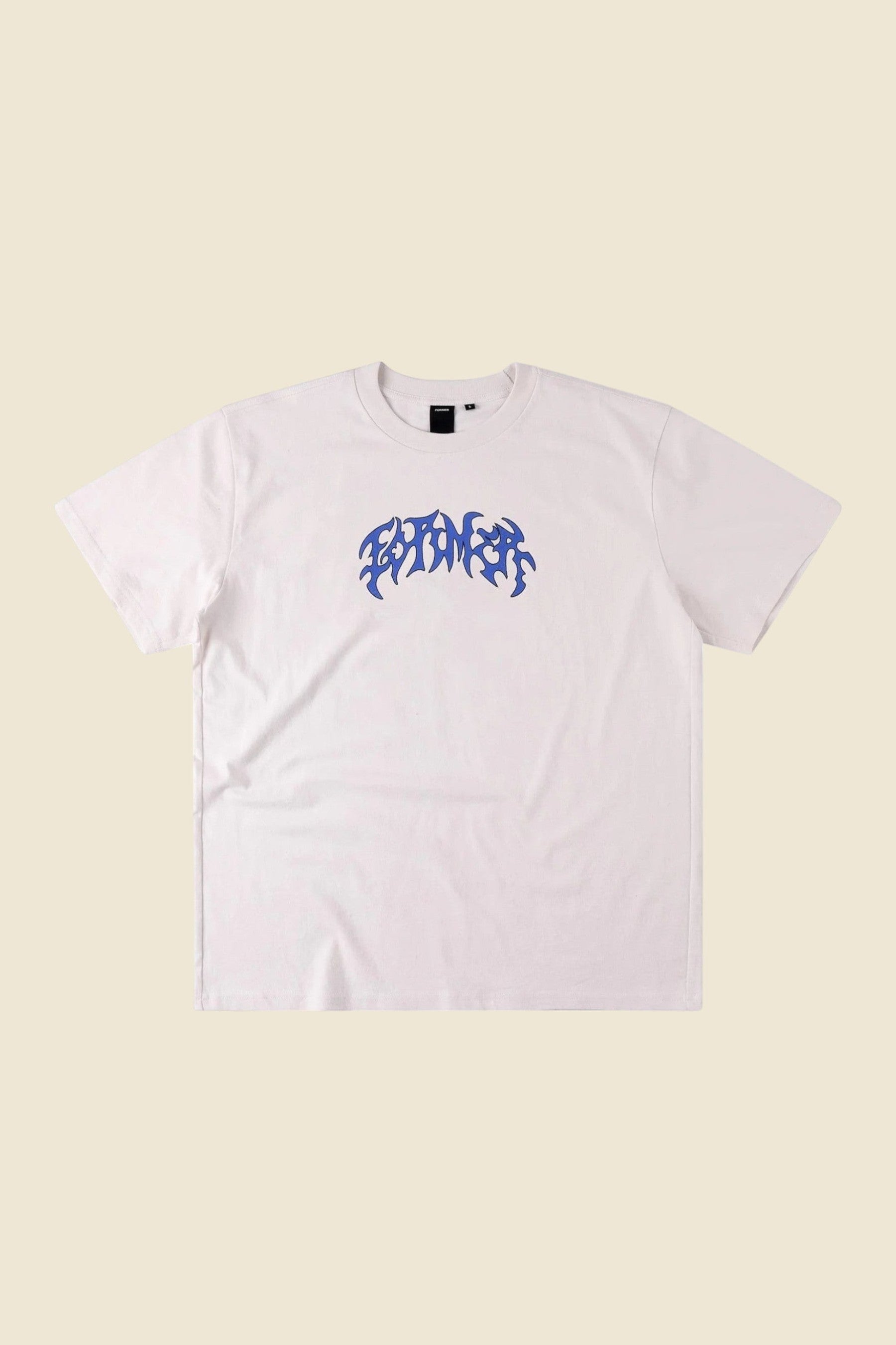 Keel Surf & Supply white 200GSM cotton jersey t-shirt with a relaxed fit and blue crackle screen print graphic.