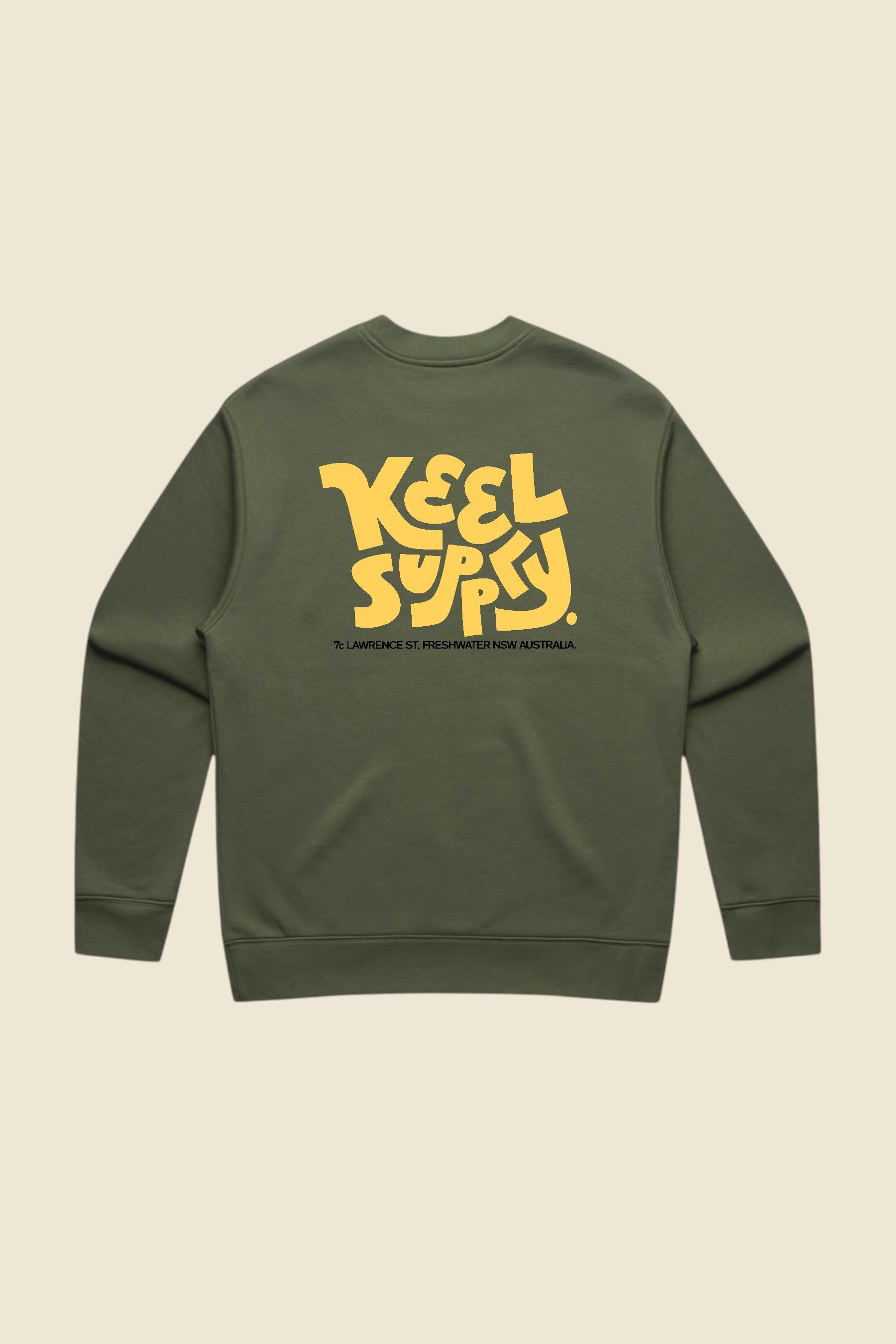 Keel Surf & Supply army green fleece crewneck sweatshirt with yellow graphic logo on back.
