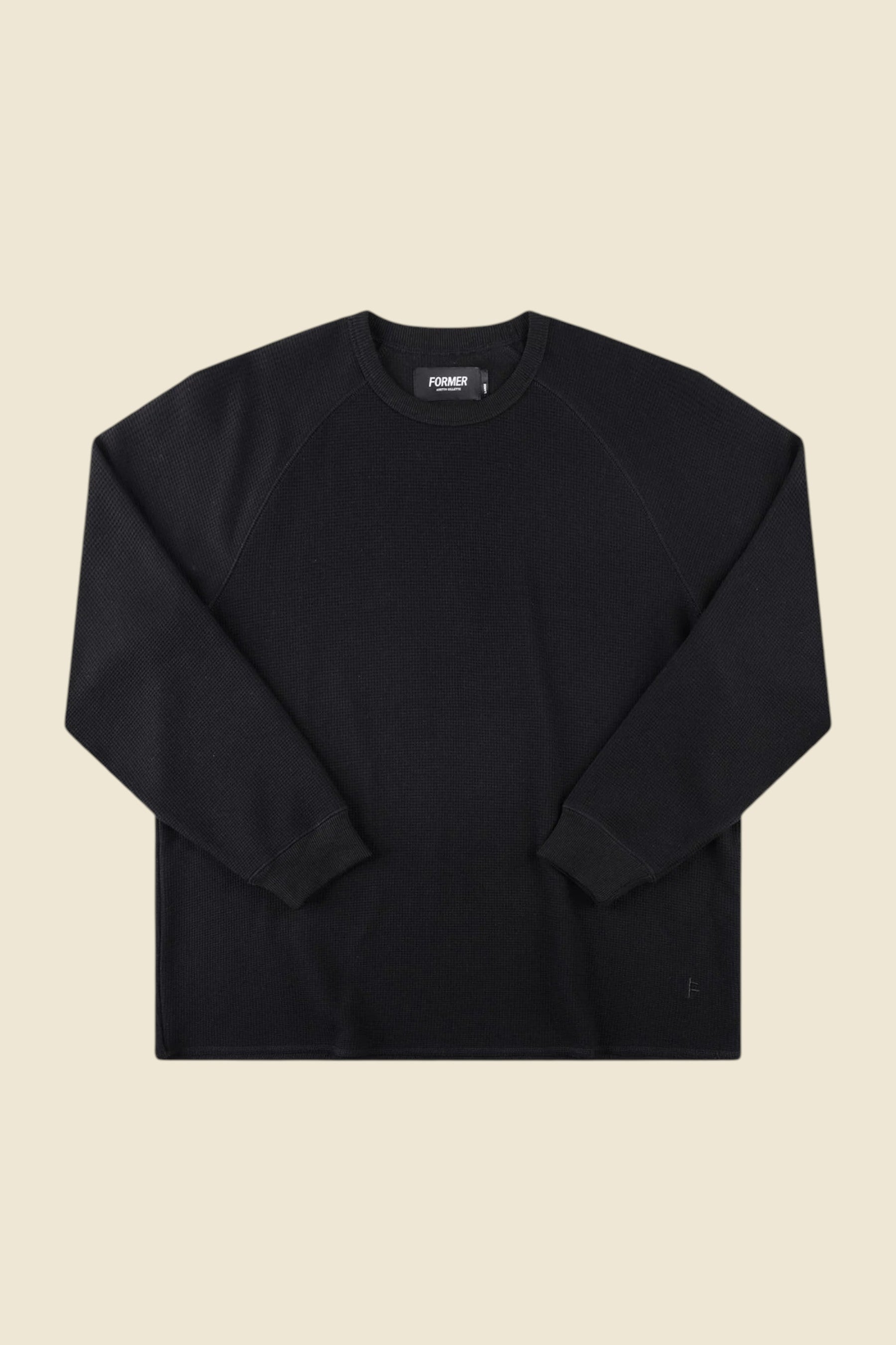 Keel Surf & Supply AG Raglan Waffle long sleeve thermal shirt in black, featuring raglan sleeves and a tonal embroidered logo.