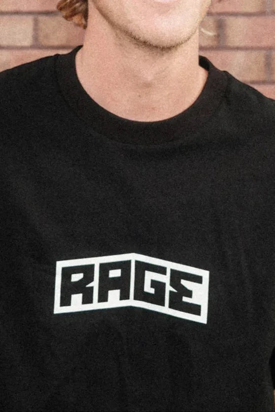 Keel Surf & Supply black 100% cotton t-shirt with white Rage logo graphic on chest.