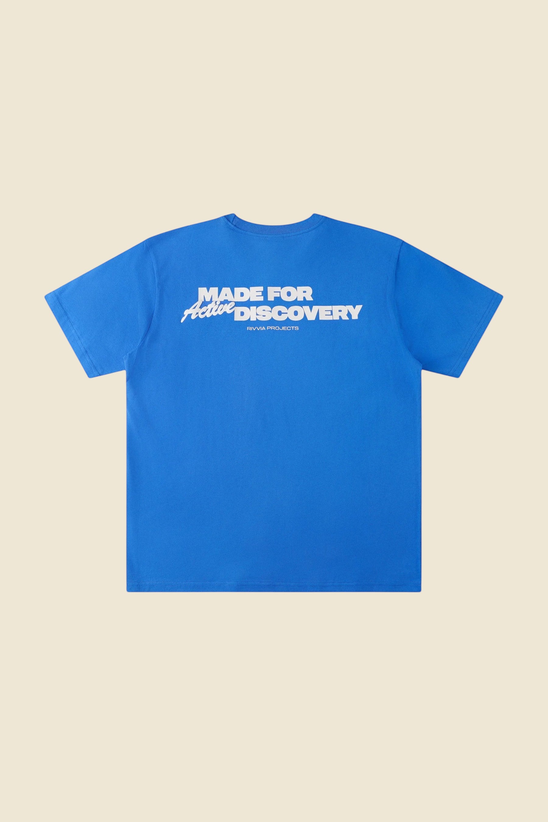 Keel Surf & Supply blue cotton t-shirt with 'MADE FOR Active DISCOVERY' graphic print on back.