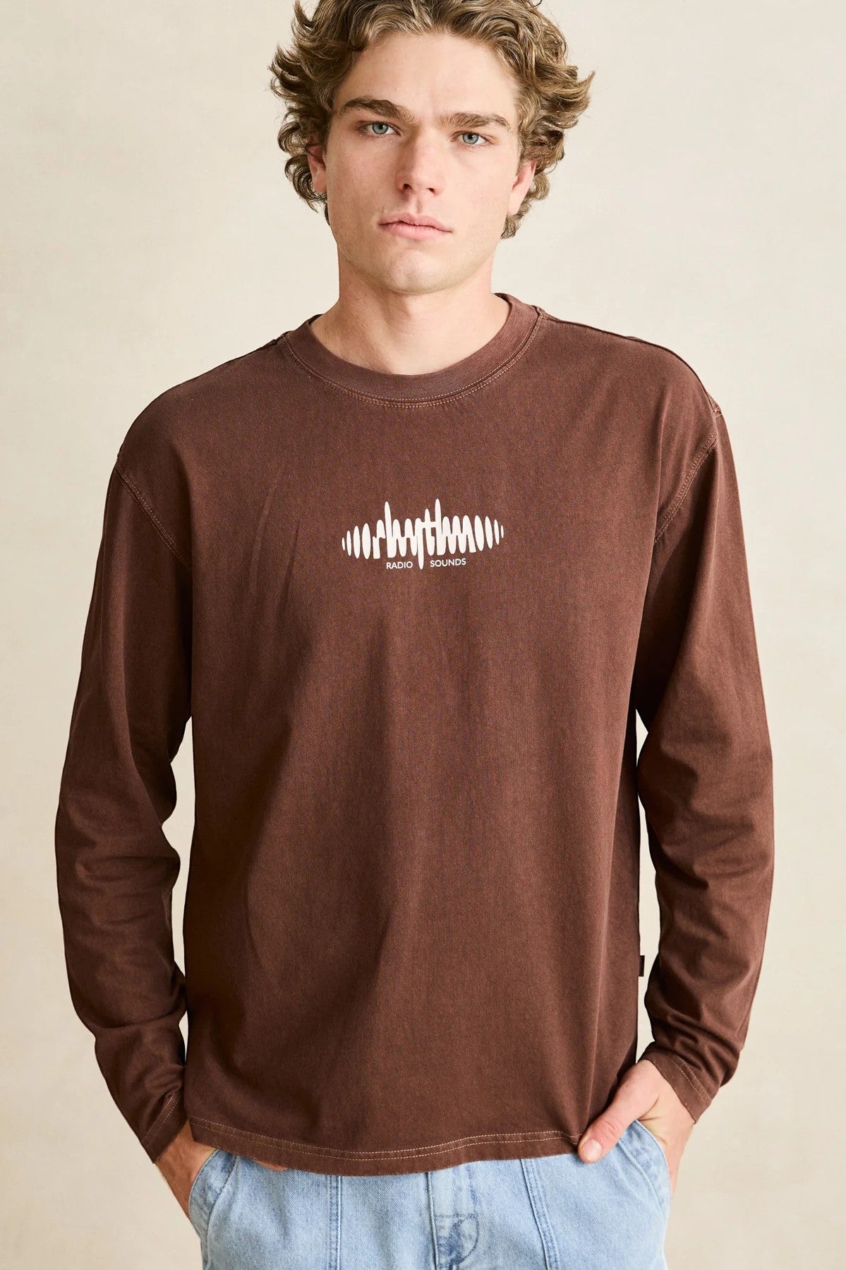 Keel Surf & Supply brown long sleeve t-shirt with white radio sounds graphic print on chest. Cotton.
