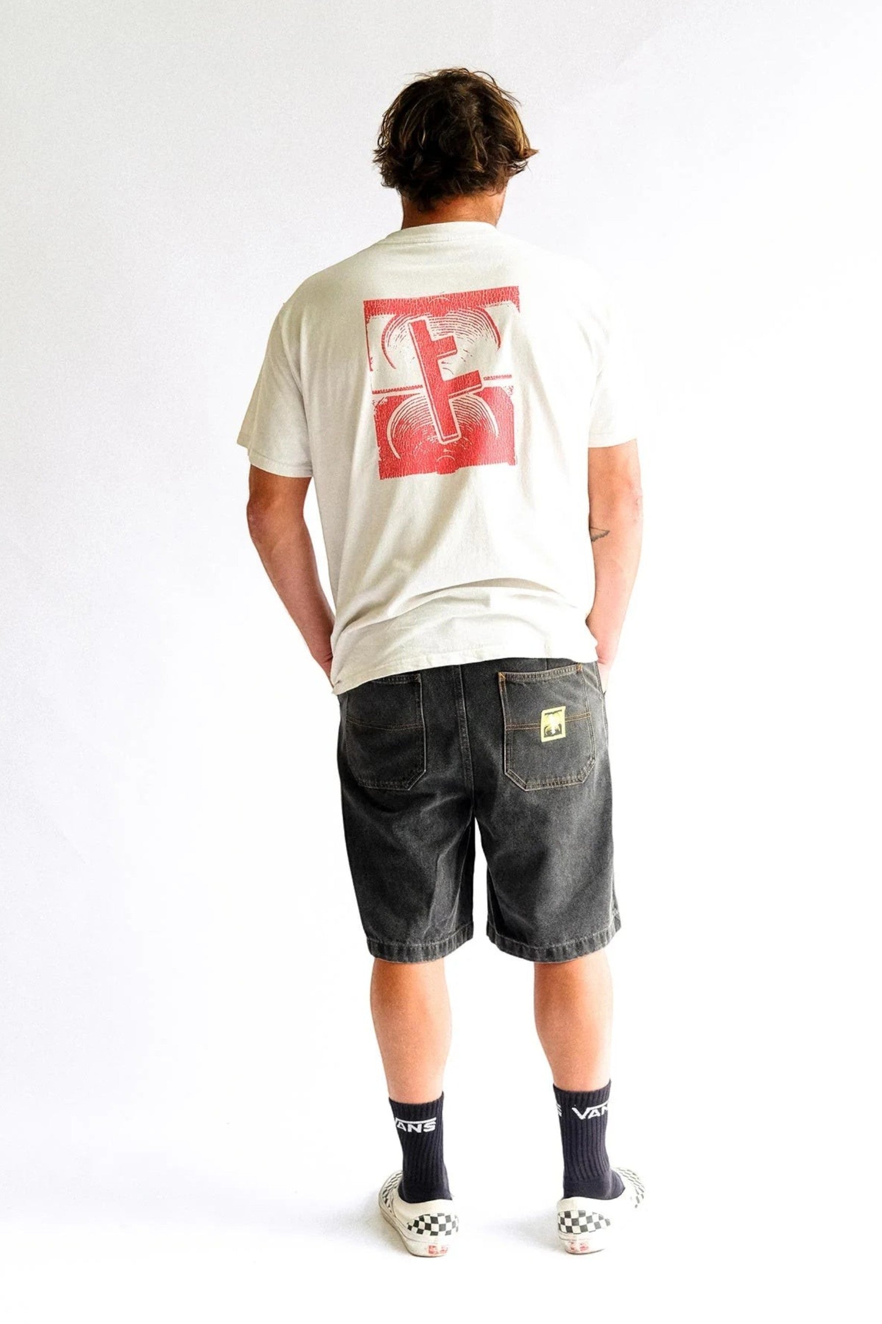 Keel Surf & Supply bone white 100% cotton t-shirt with red Slant F Crux graphic on back. Standard fit.