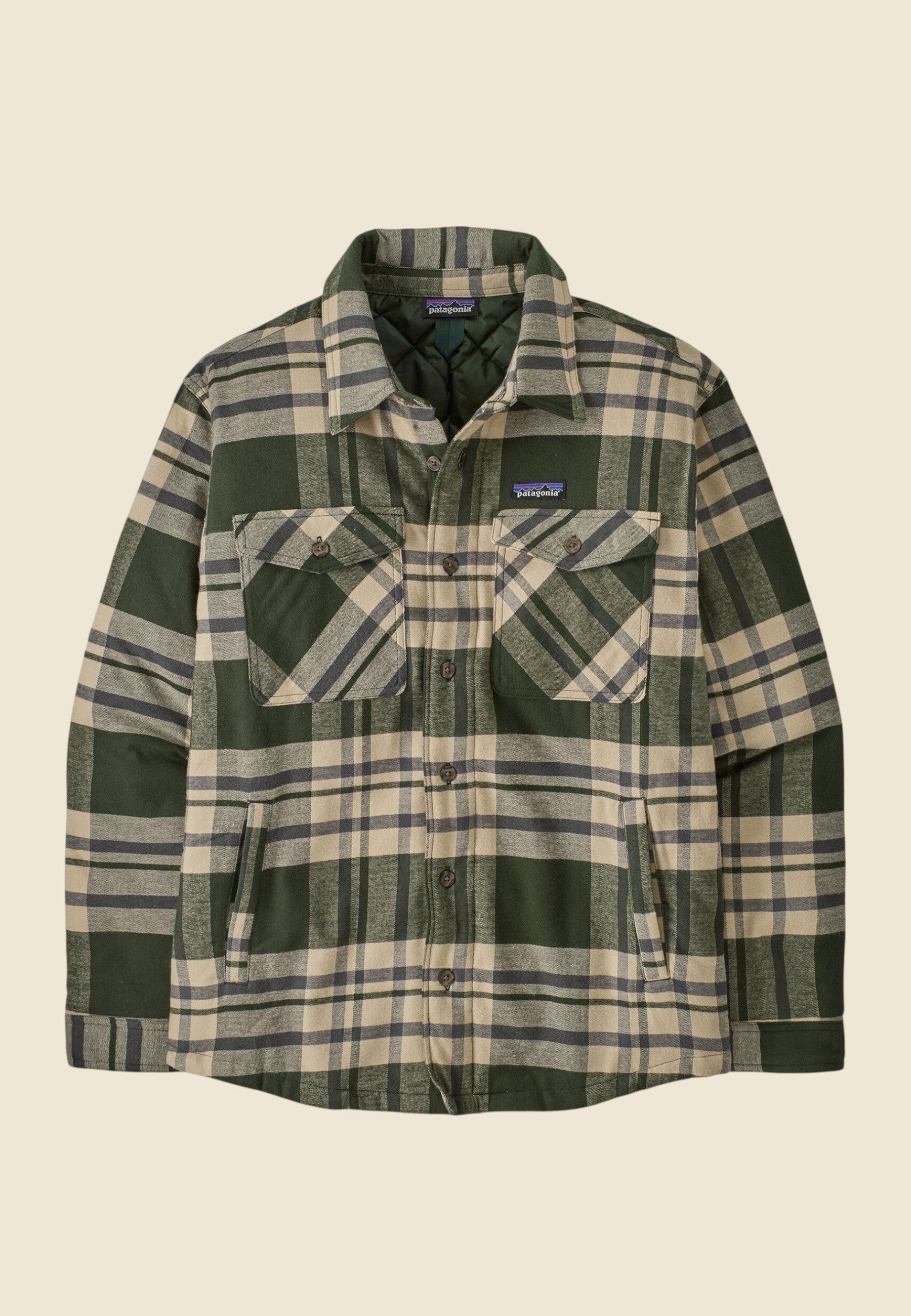Keel Surf & Supply men's green and tan plaid insulated flannel shirt with two chest pockets and quilted lining.