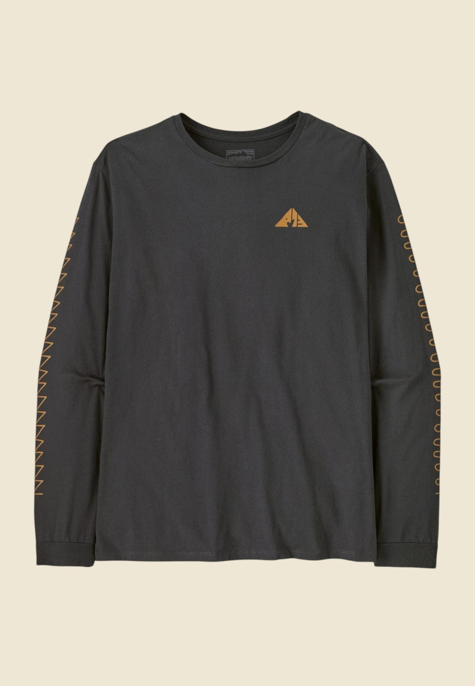 Keel Surf & Supply men's ink black organic cotton long sleeve t-shirt with mountain graphic and sleeve detail.