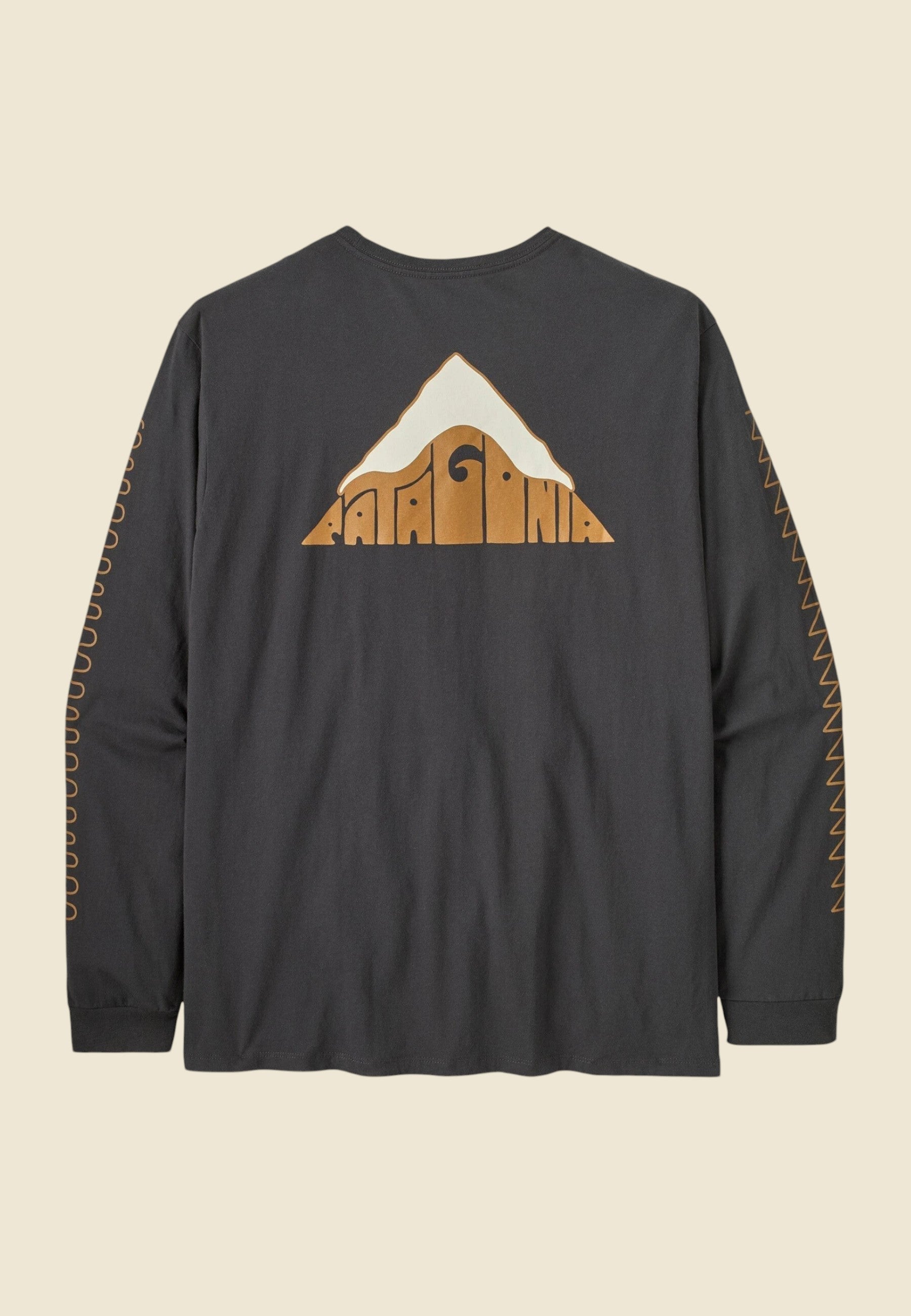 Keel Surf & Supply men's long sleeve organic cotton t-shirt in ink black with mountain graphic and sleeve detail.