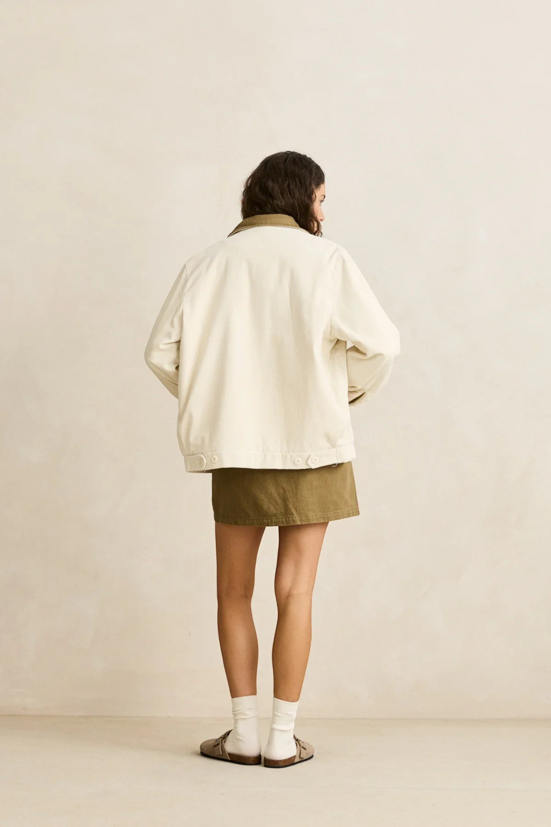 Keel Surf & Supply Jamie Jacket in off-white cotton with a contrasting brown collar. Relaxed fit, button closure.