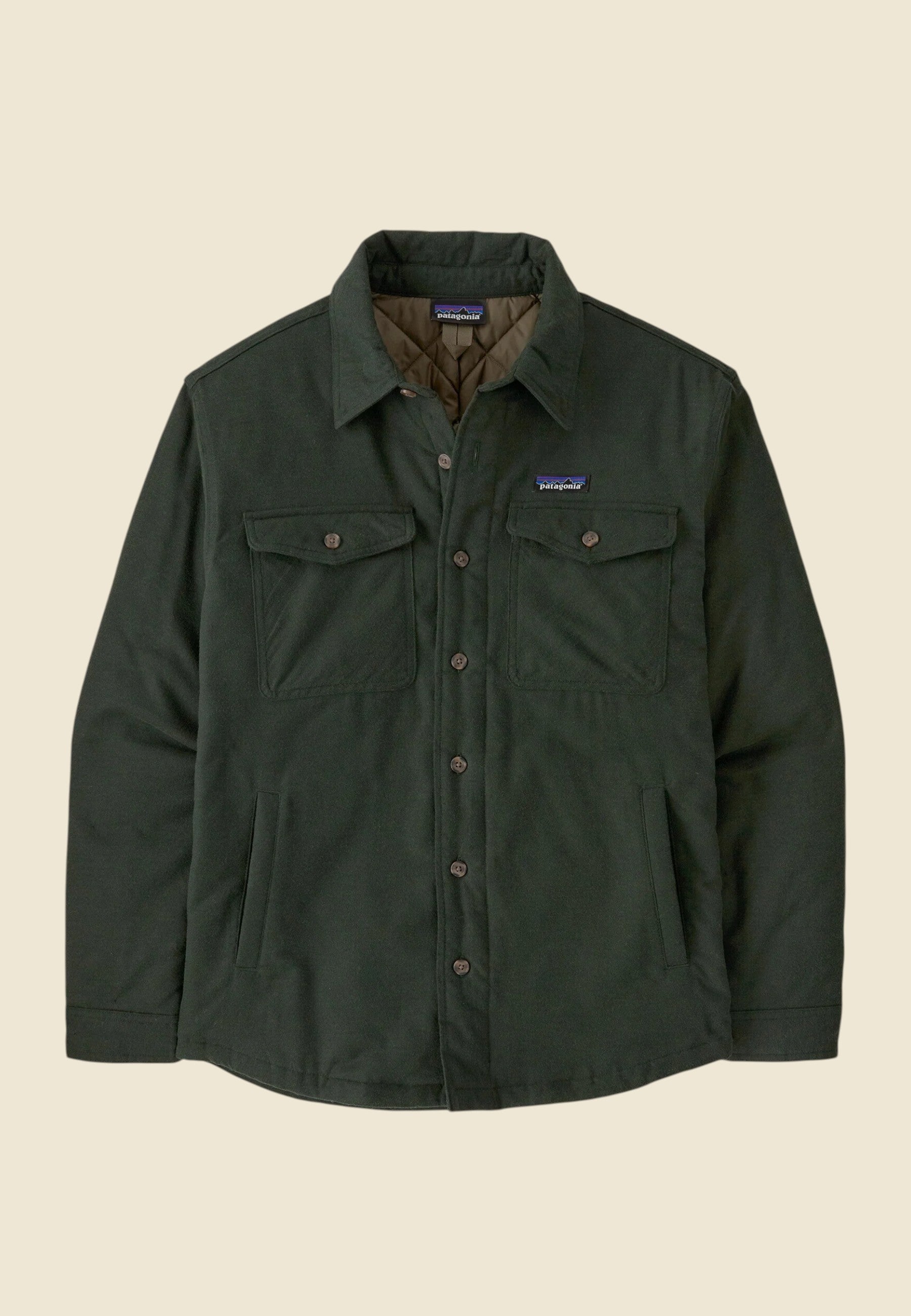 Keel Surf & Supply men's dark green insulated flannel shirt with two chest pockets and quilted lining.