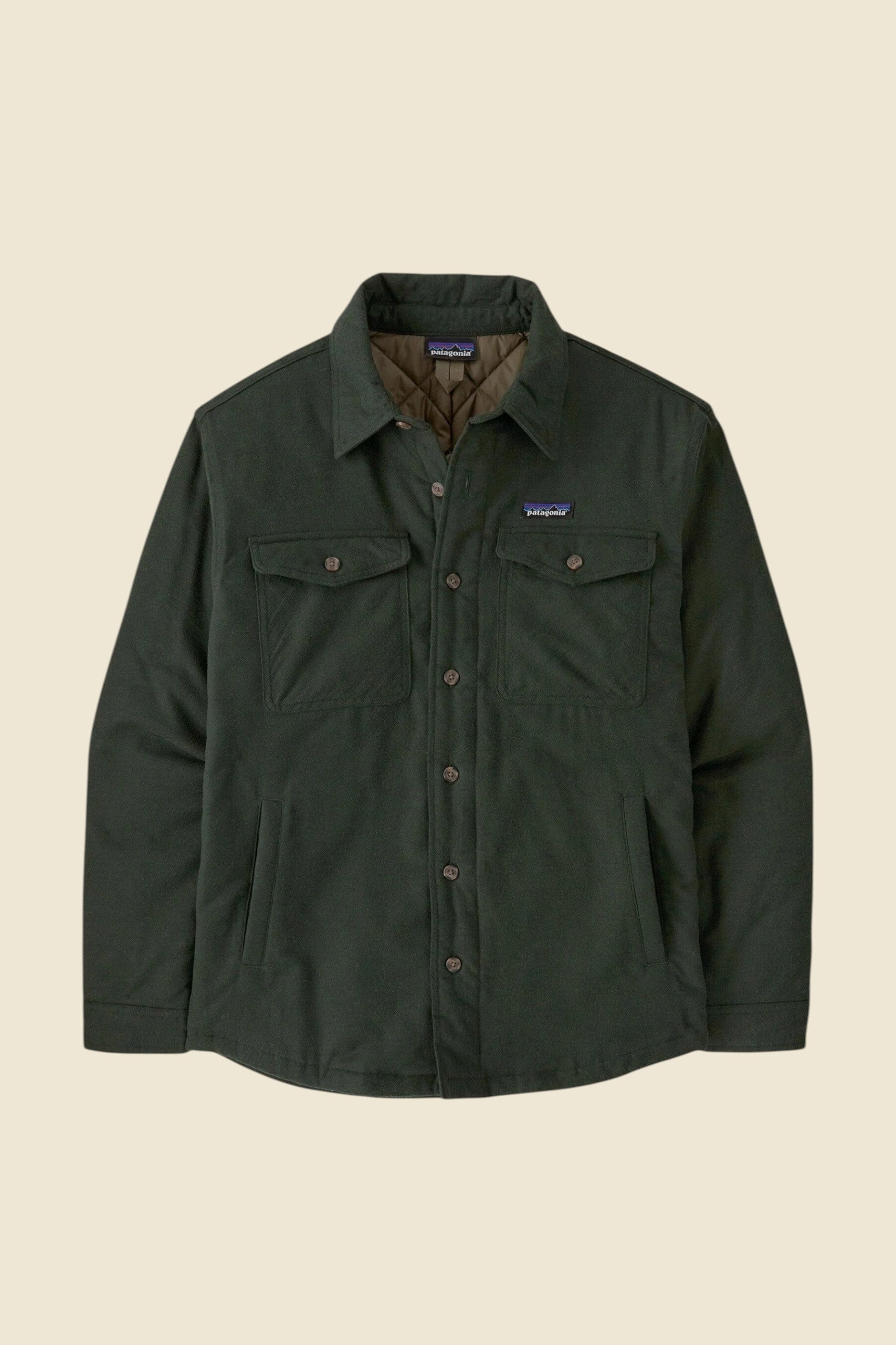 Keel Surf & Supply men's dark green insulated flannel shirt with two chest pockets and quilted lining.