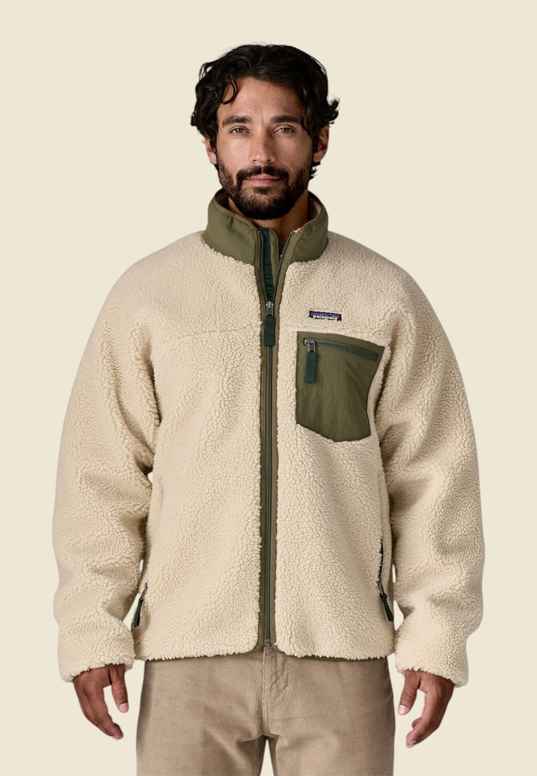 Keel Surf & Supply Men's Classic Retro-X fleece jacket in natural with basin green accents. Features a full zip, chest pocket, and side pockets.