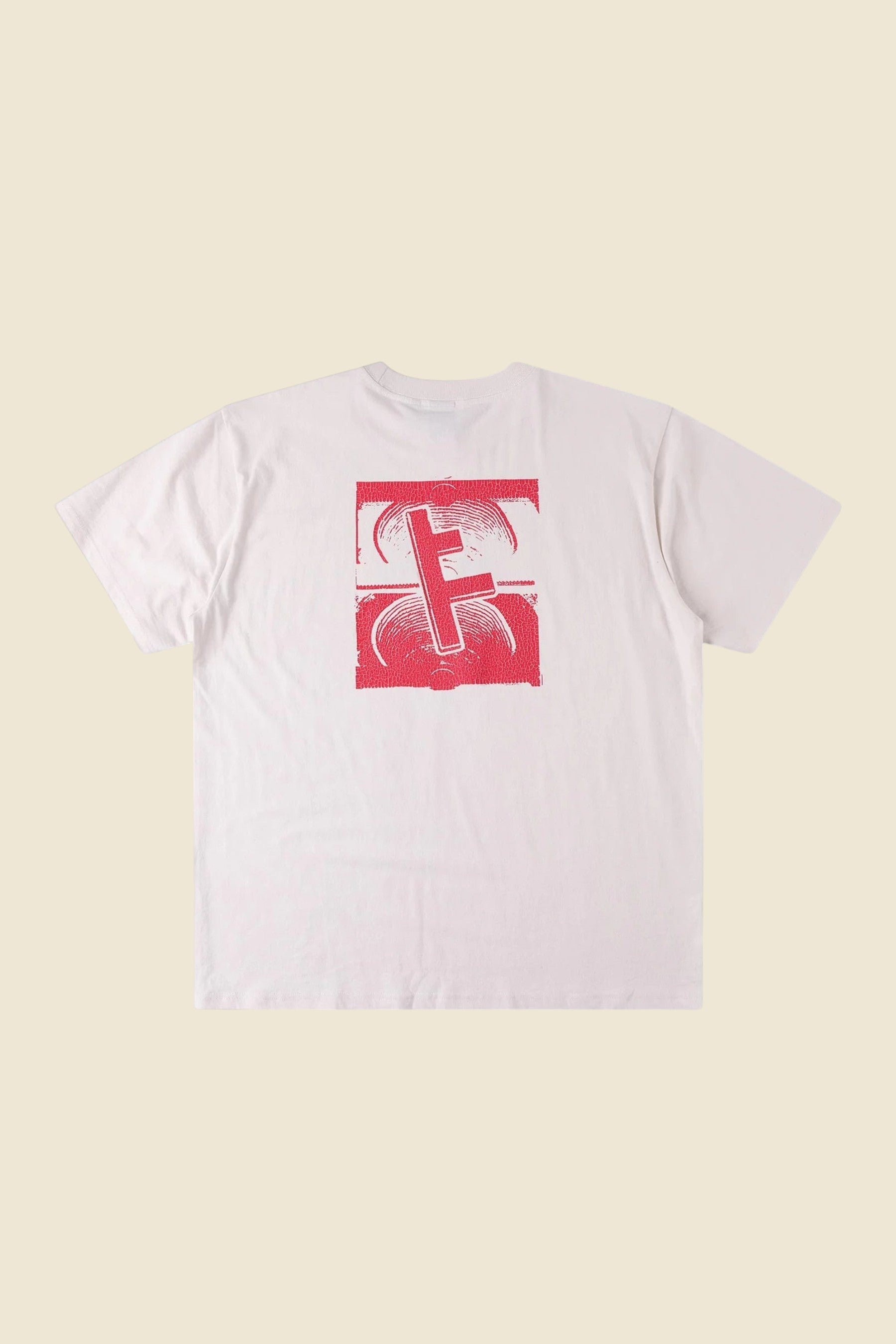 Keel Surf & Supply white 100% cotton t-shirt with red Slant F Crux graphic on back.